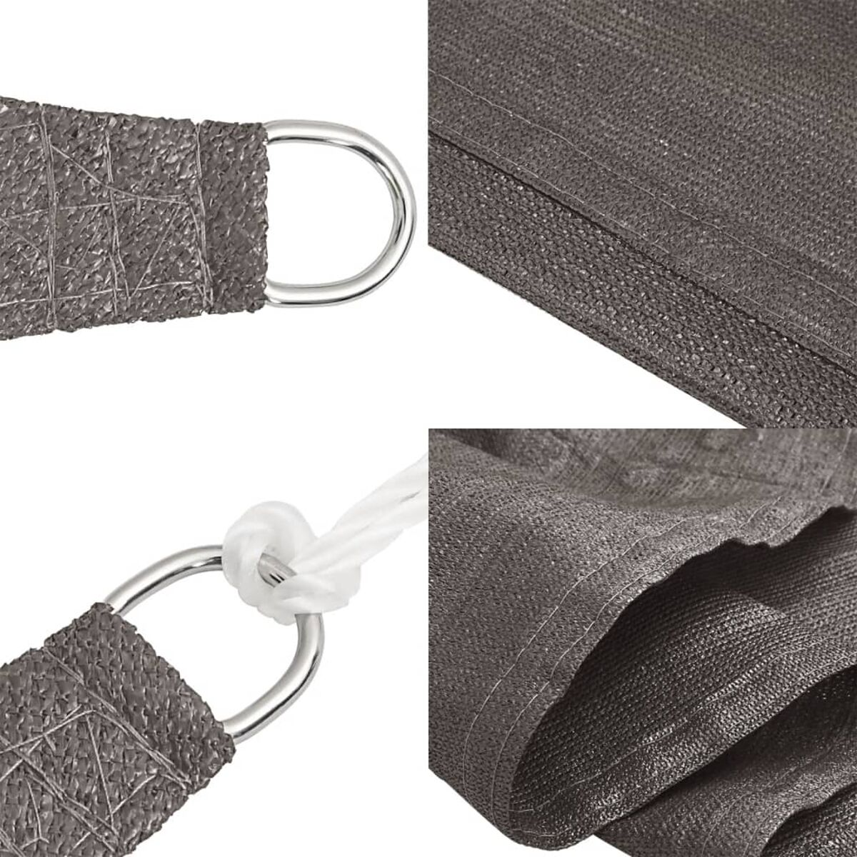 Nahaufnahme von grauem Stoff mit Metallringen und einem Seil. Detaillierte Ansicht eines Sonnensegels.