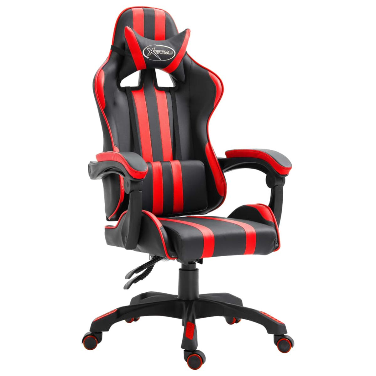 Sedia da gaming: nera e rossa, con poggiatesta e supporto lombare. Cinque ruote.