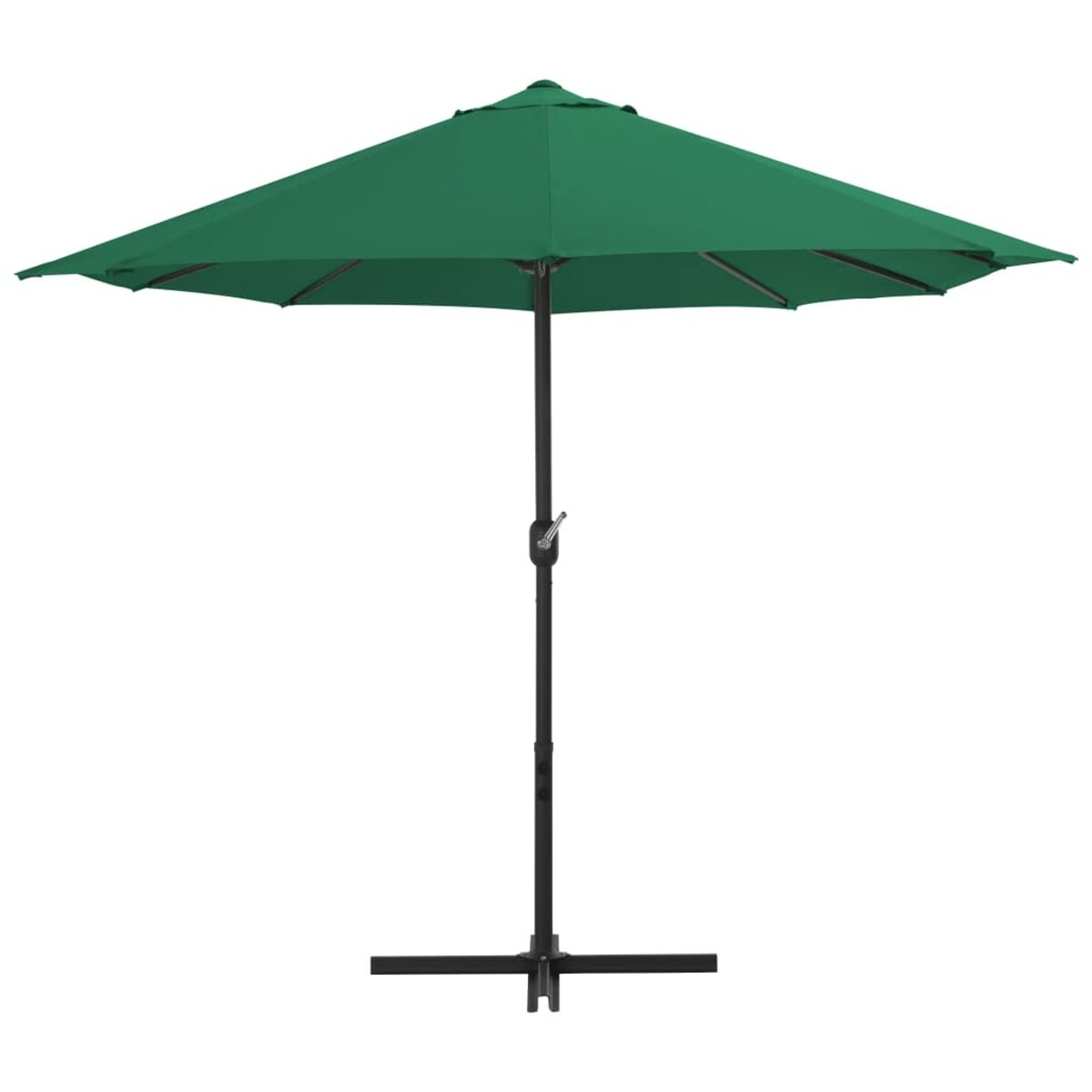 Grüner Regenschirm mit schwarzem Mast und Fuß. Weißer Hintergrund.