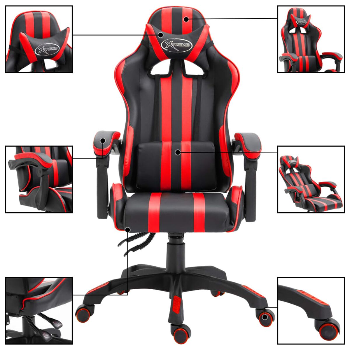 Sedia da gaming nera e rossa con poggiatesta, braccioli e ruote. Sfondo bianco.