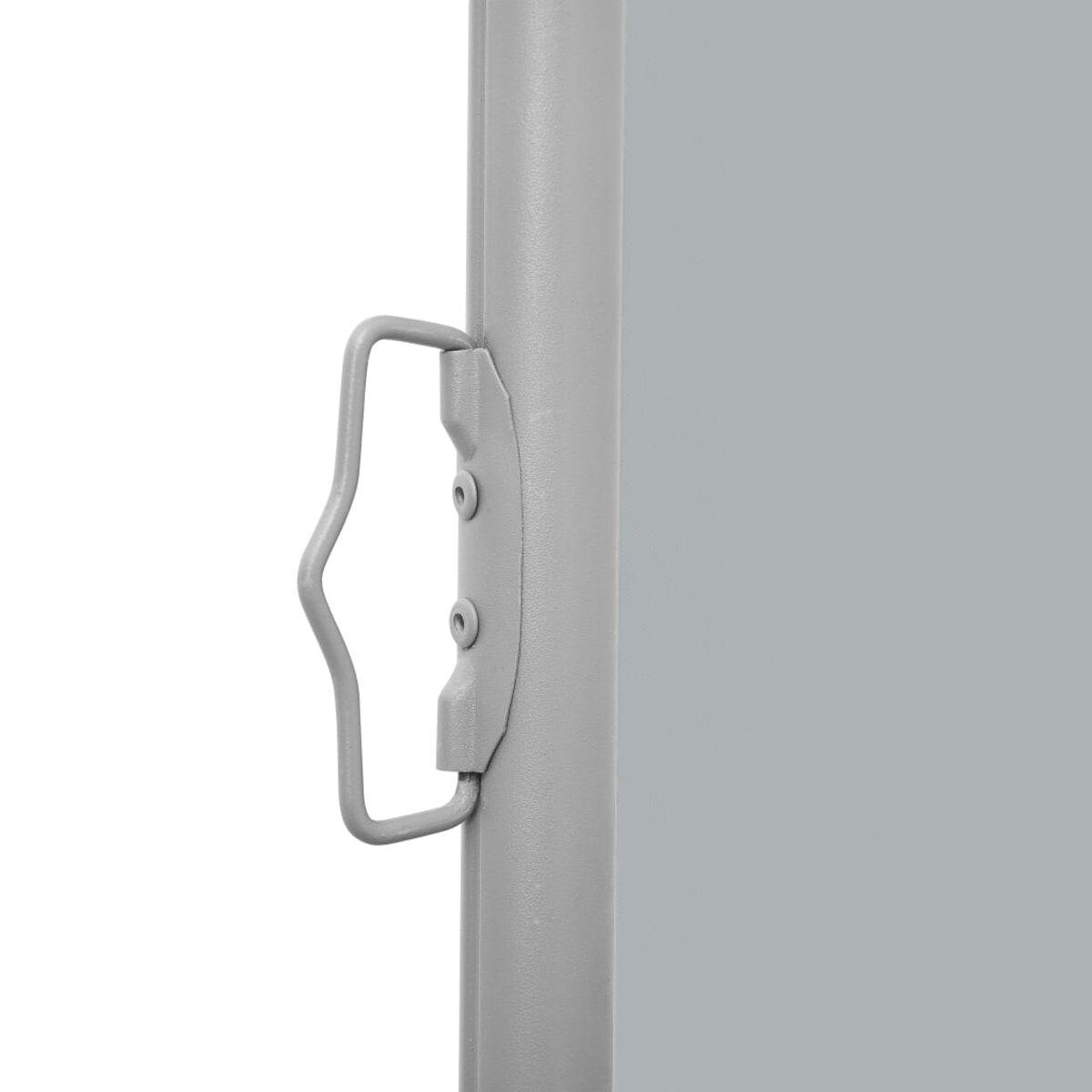 Nahaufnahme eines grauen Metallgriffs, der an einer grauen Stange befestigt ist, mit zwei sichtbaren Schrauben.