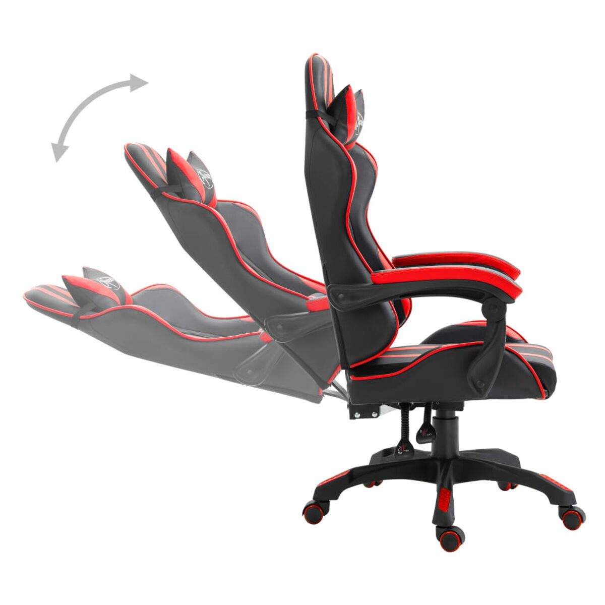 Sedia da gaming nera e rossa, reclinata a diverse angolazioni. Braccioli e ruote visibili.