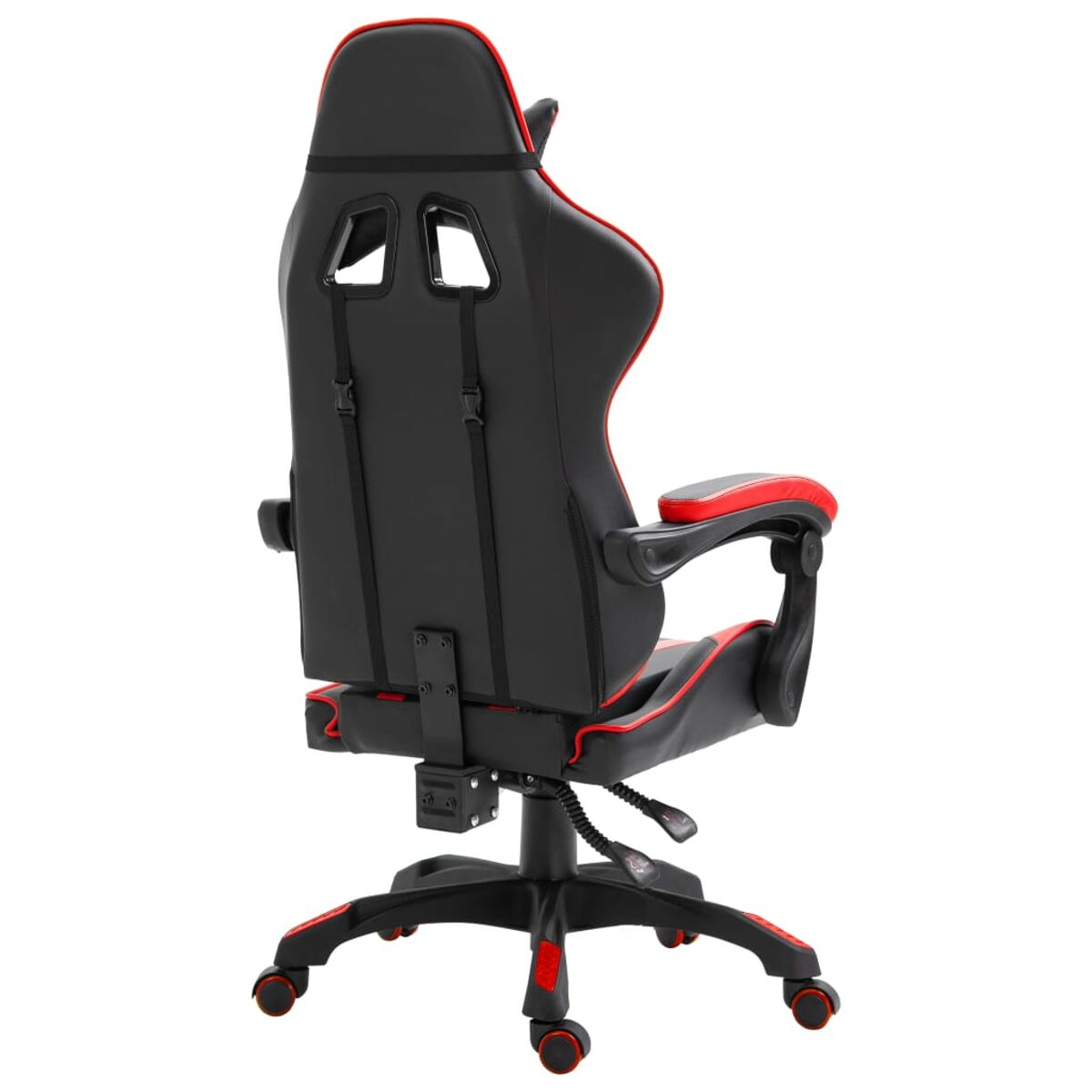 Sedia da gaming vista da dietro, nera con dettagli rossi. Mostra lo schienale e la seduta.
