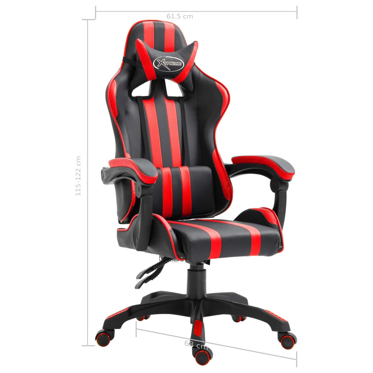 Sedia da gaming con strisce rosse e nere. Ha un poggiatesta e braccioli, con dimensioni indicate.