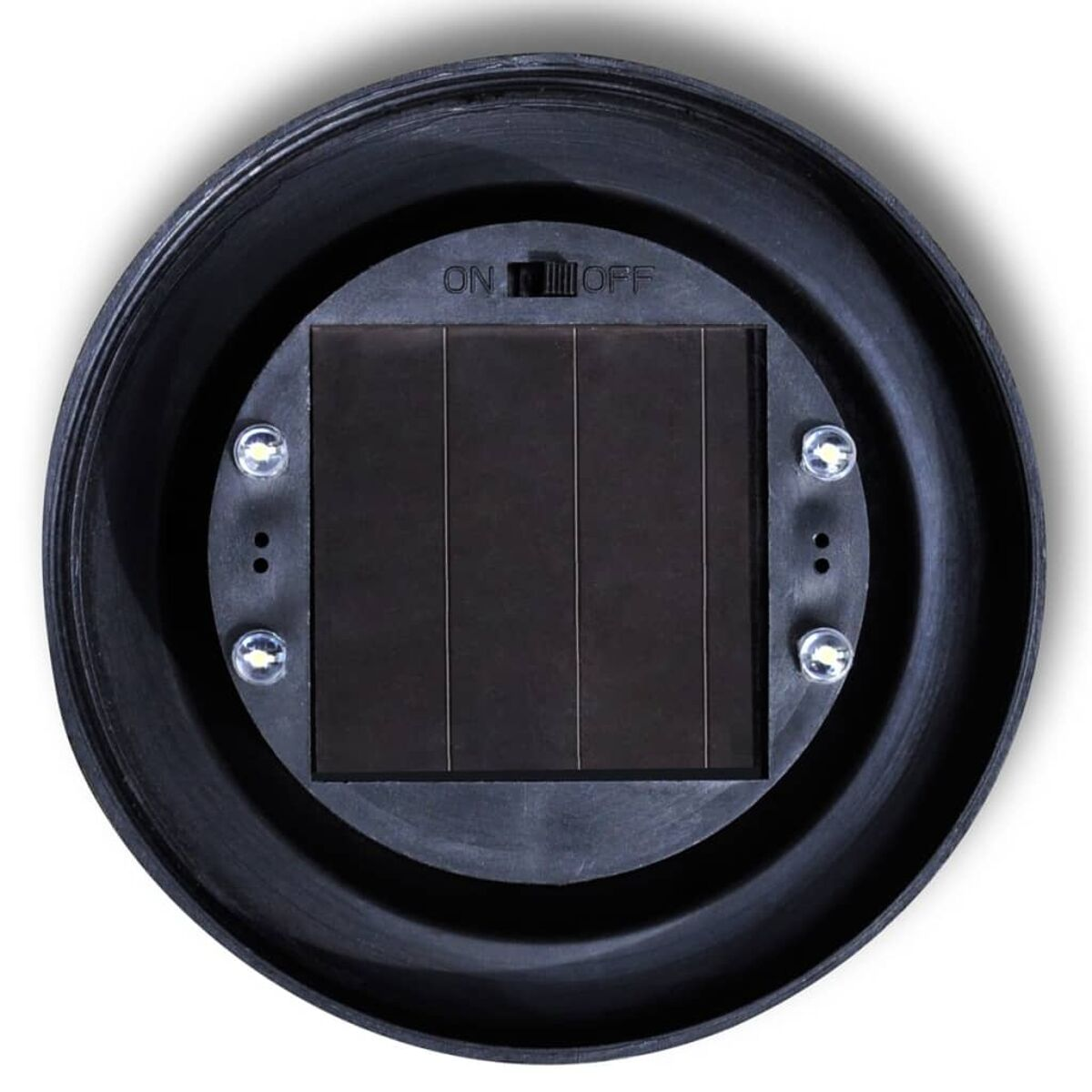 Schwarze Solarleuchte. Enthält Solarpanel und Ein/Aus-Schalter. Weißer Hintergrund.
