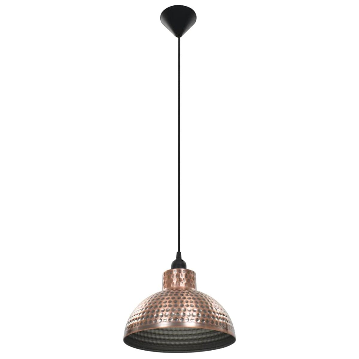Kupferfarbene Pendelleuchte mit schwarzem Kabel und Halterung.