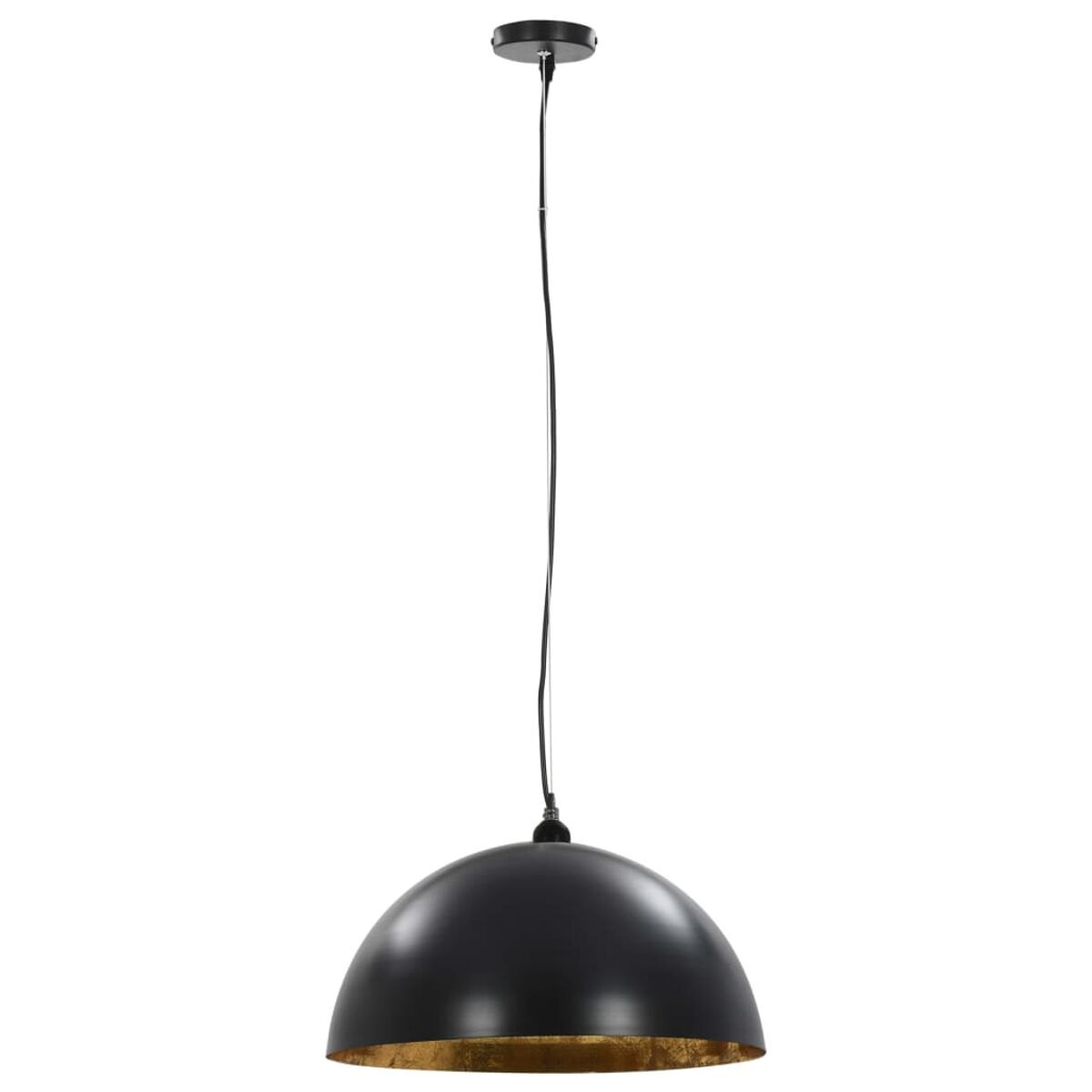 Schwarze Pendelleuchte mit goldenem Innenraum. Ein schwarzes Kabel verbindet sich mit der Decke.