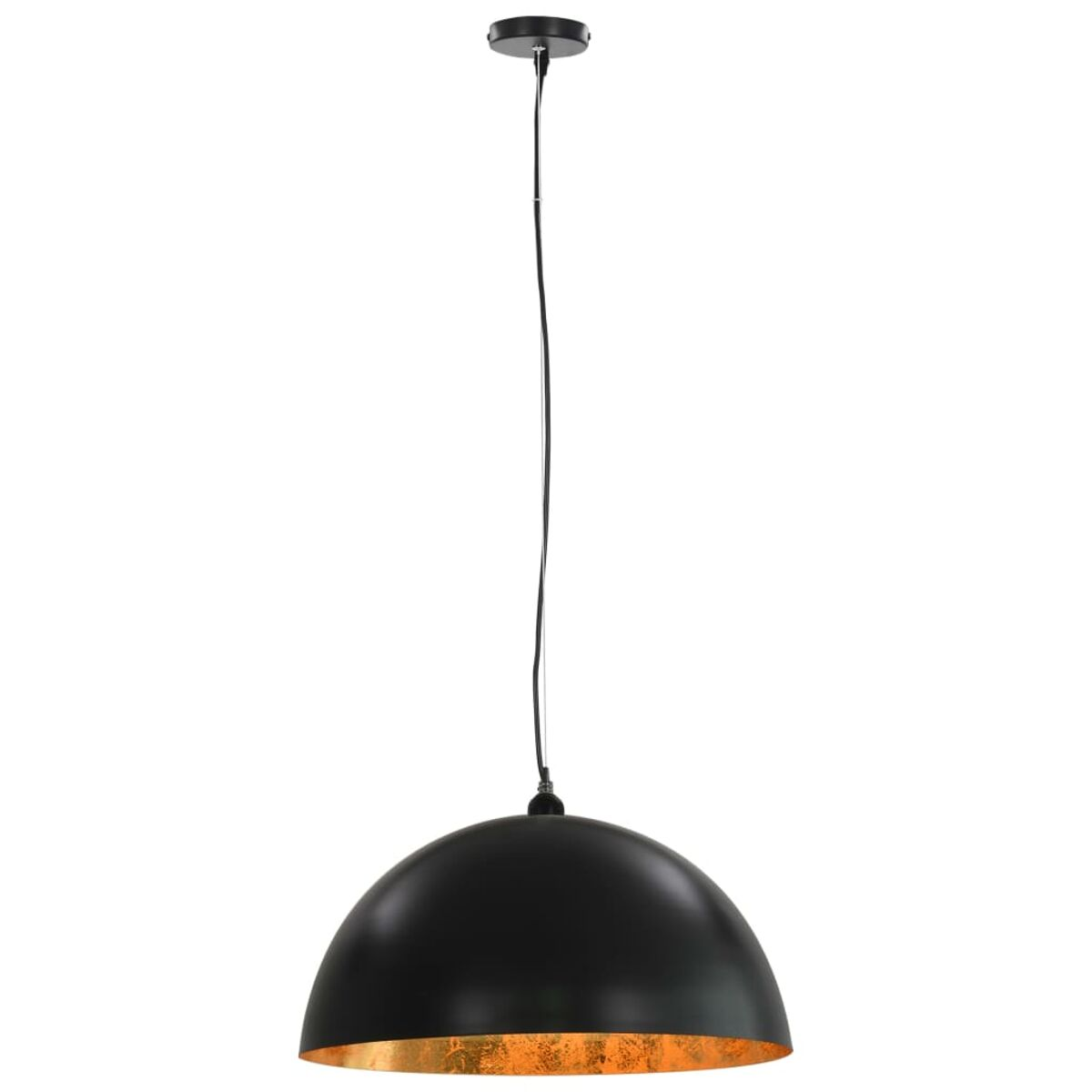 Schwarze Pendelleuchte mit goldenem Innenraum, hängt von der Decke.