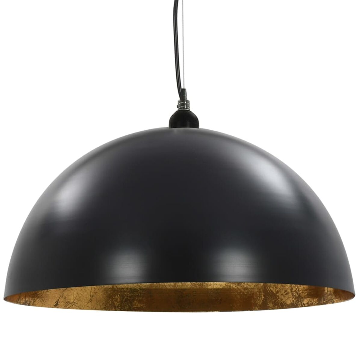 Schwarze Pendelleuchte. Goldfarbenes Innere, Kuppelform, Hängedraht.
