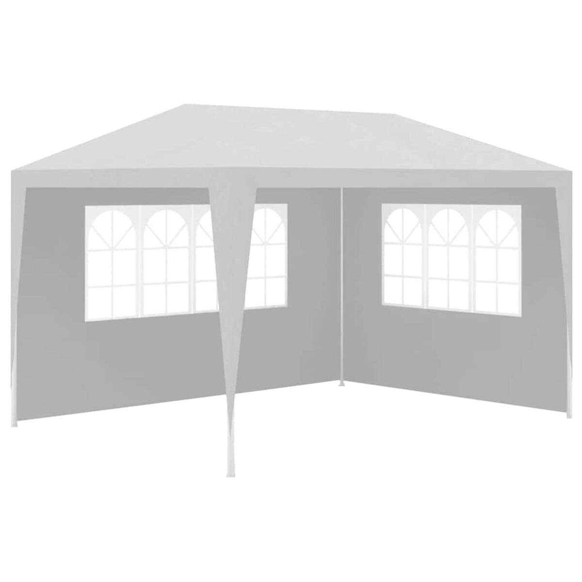 Ein weißer Pavillon mit Fenstern wird gezeigt. Er hat ein spitzes Dach und offene Seiten.