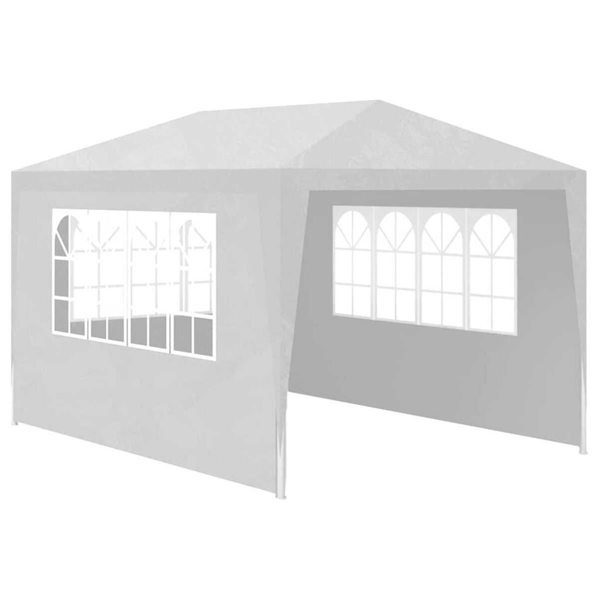 Weißer Pavillon mit Fenstern auf weißem Hintergrund. Die Fenster sind rechteckig und das Dach schräg.