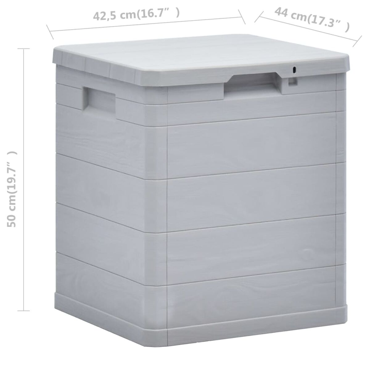 Graue Aufbewahrungsbox mit Deckel. Die Box besteht aus horizontalen Planken. Der Hintergrund ist weiß.