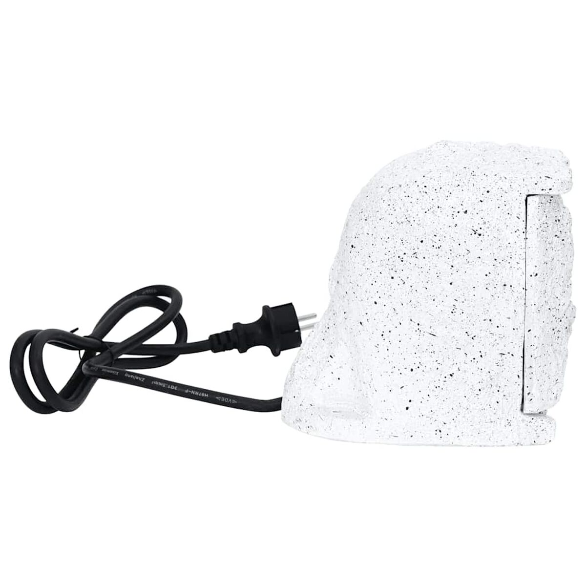 Ein weißes, strukturiertes, felsenartiges Gerät mit schwarzem Netzkabel und Stecker.