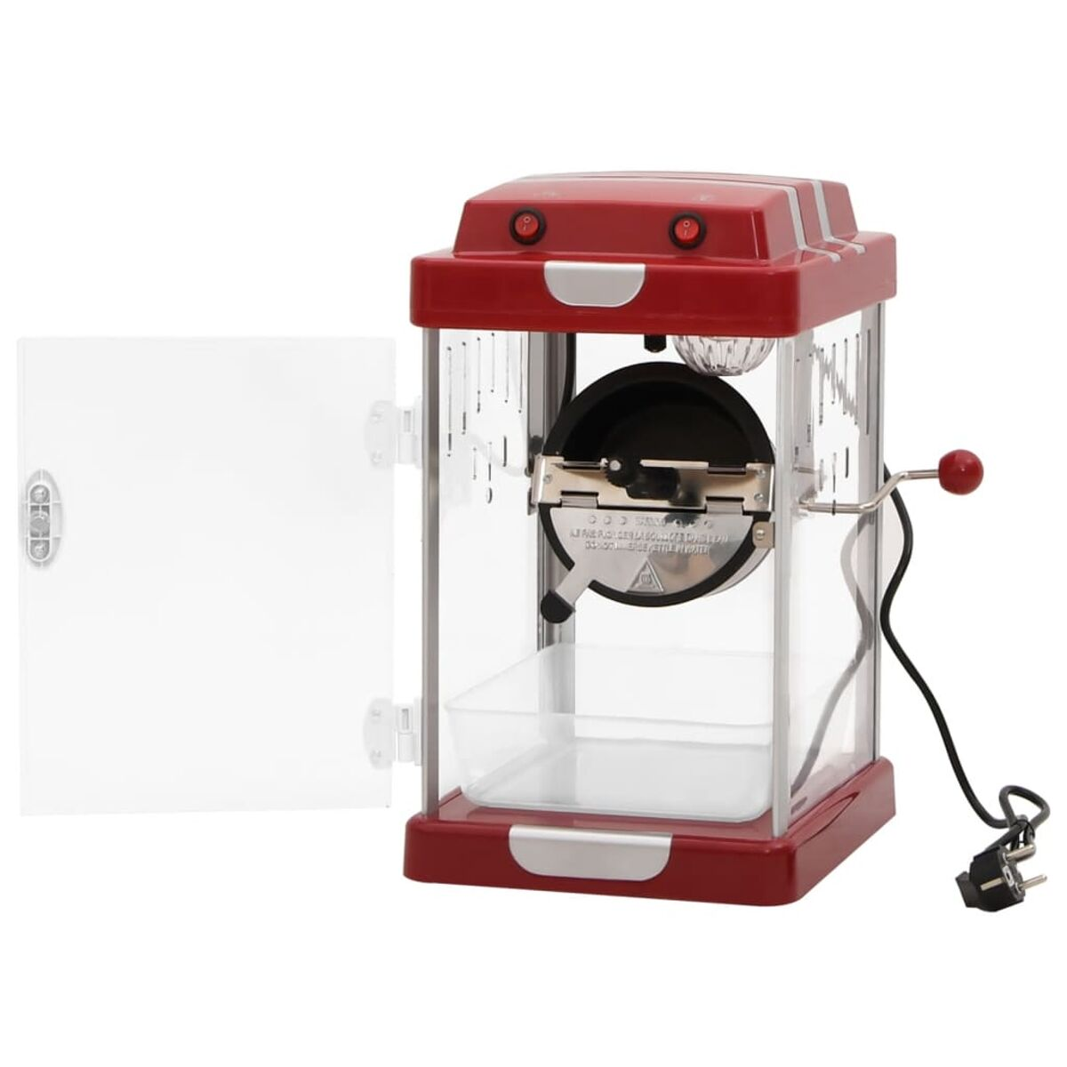 Eine rote Popcornmaschine mit klarer Front und geöffneter Tür.