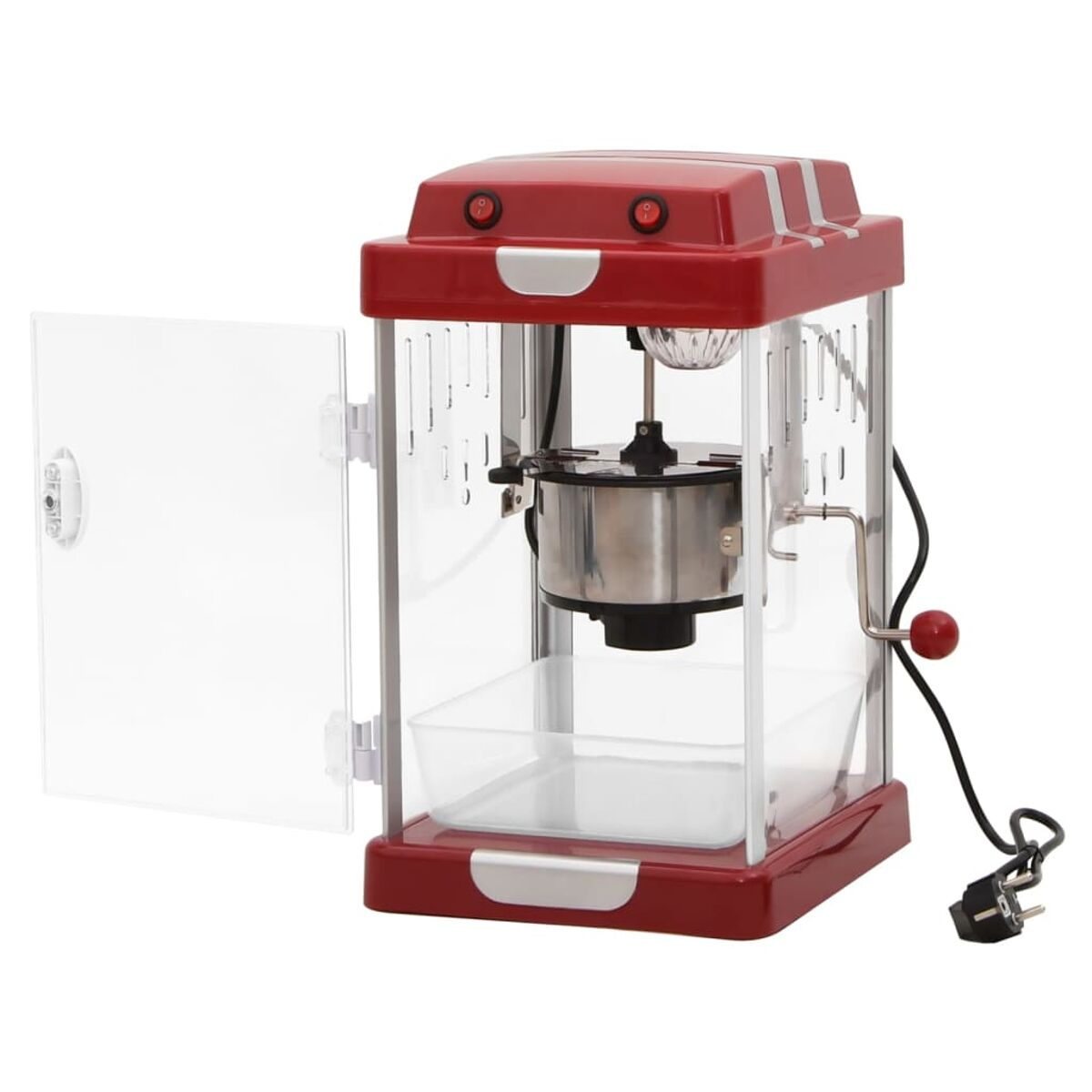 Rote Popcornmaschine mit offener, durchsichtiger Tür, Edelstahl-Innenraum.