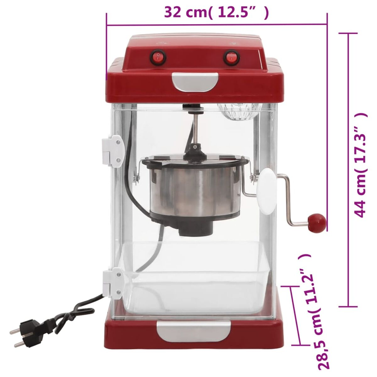 Rote und durchsichtige Popcornmaschine mit Abmessungen, weißer Hintergrund.