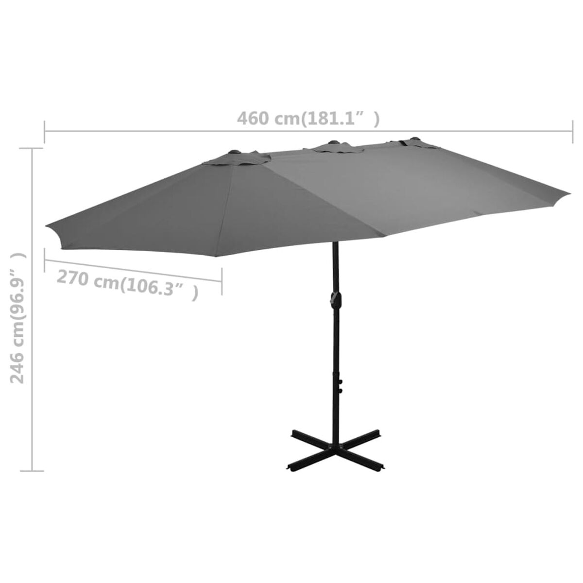Großer grauer Doppel-Sonnenschirm mit den Maßen 460 cm x 270 cm. Er hat einen schwarzen Sockel und Ständer.