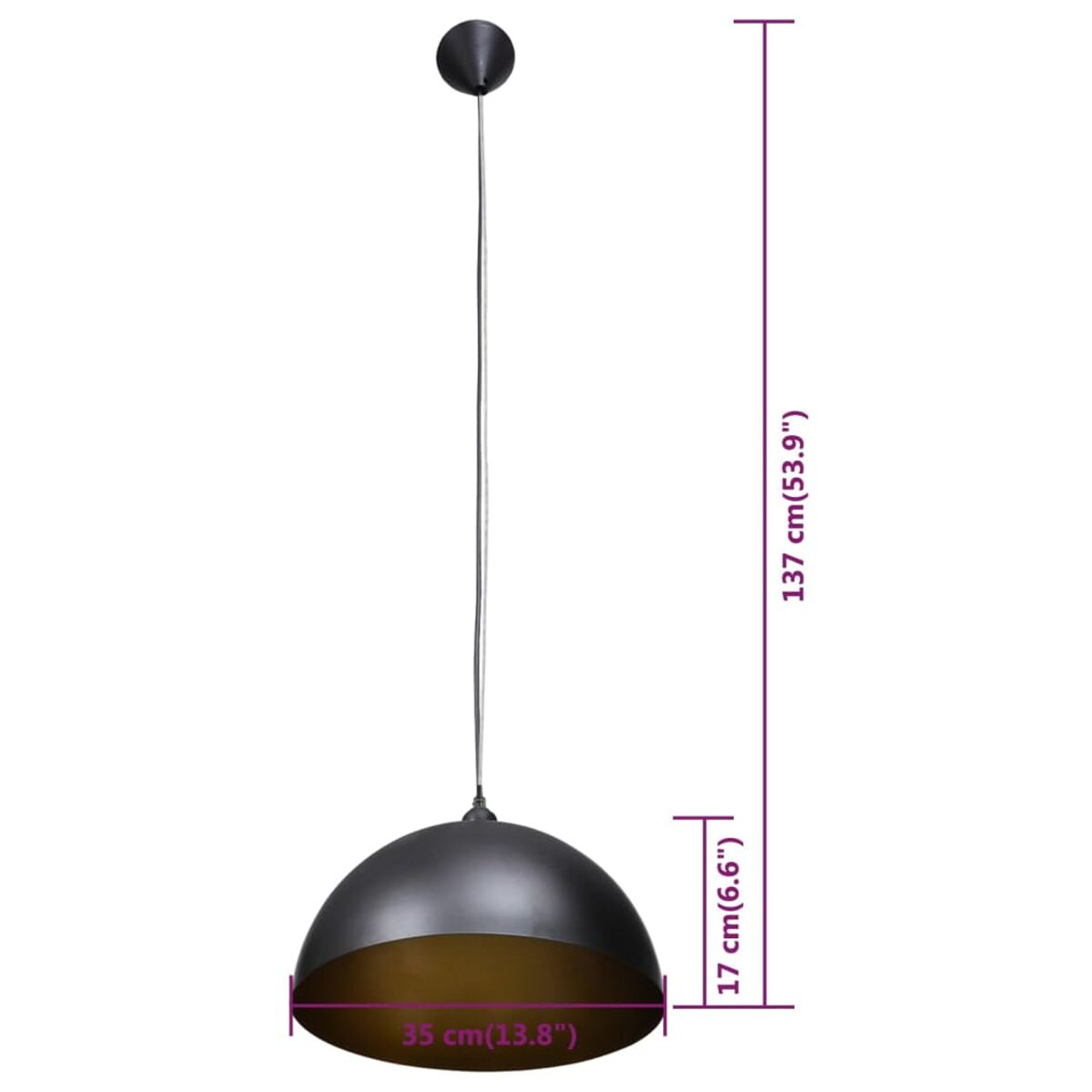 Eine schwarze Pendelleuchte mit Halbkugelschirm und goldener Innenseite.