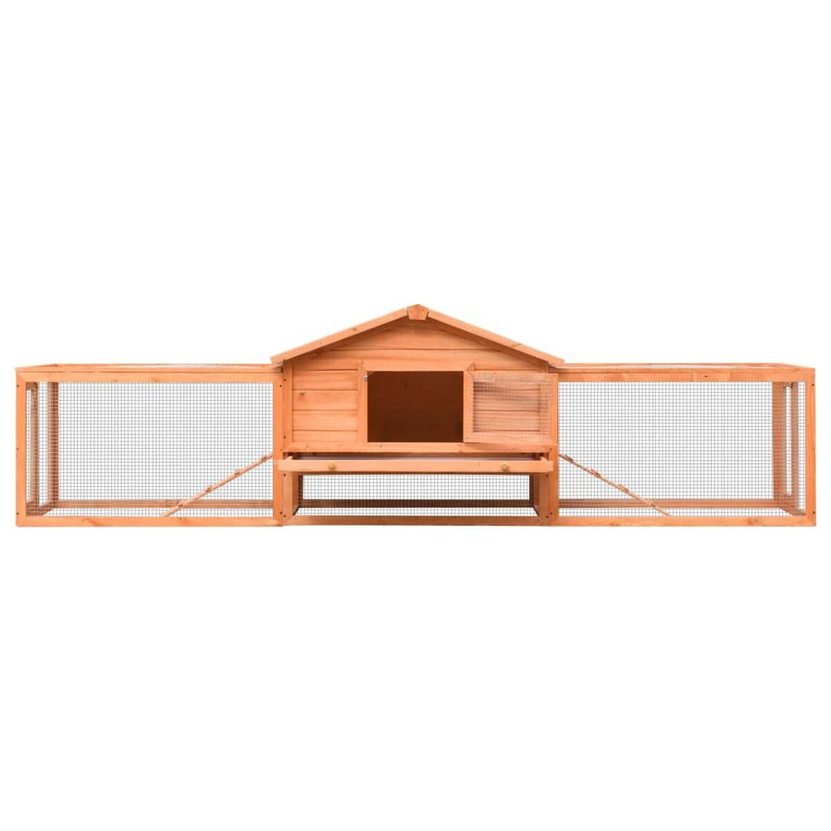 Ein Hühnerstall aus Holz mit Seiten aus Drahtgeflecht und einem schrägen Dach. Weißer Hintergrund.