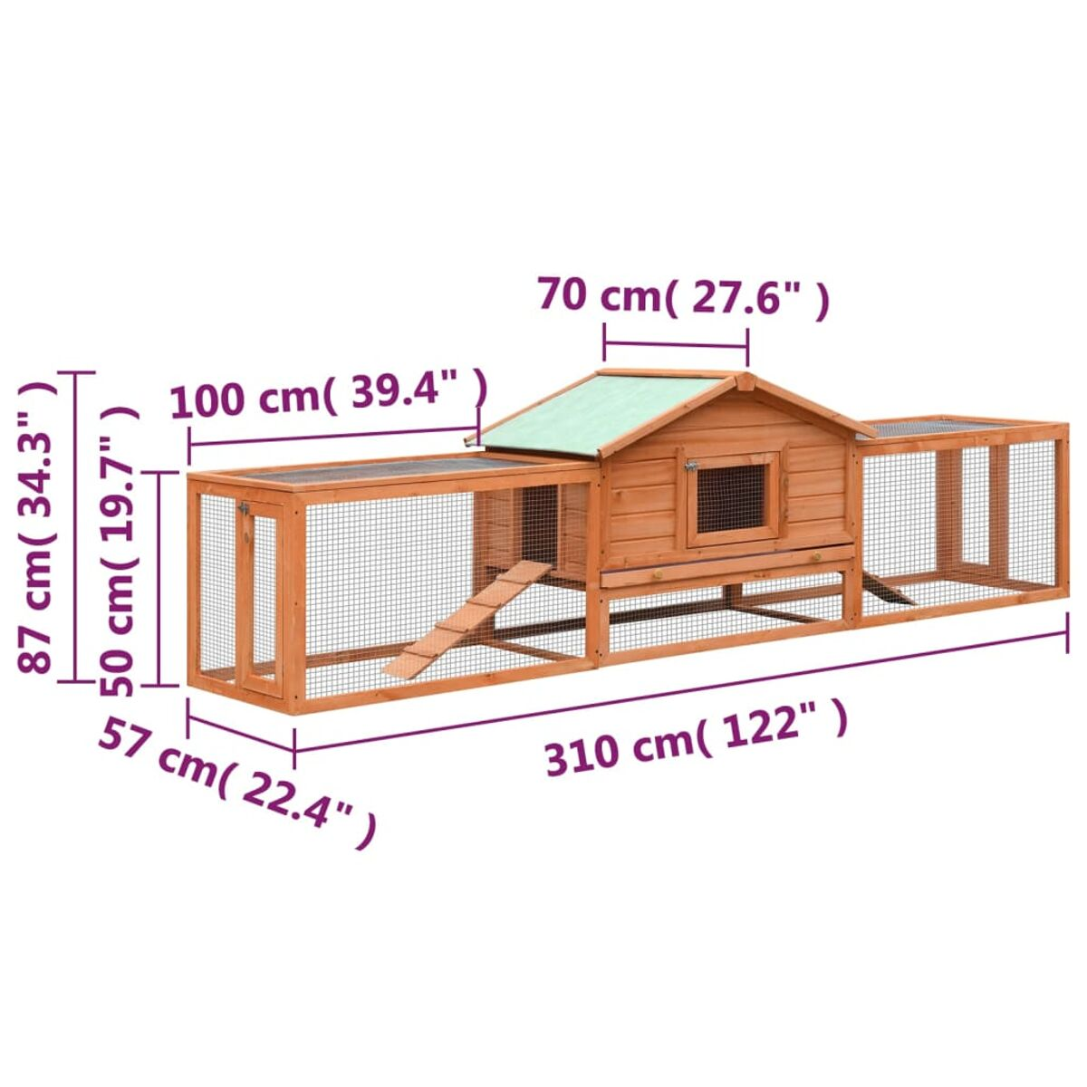 Ein Kaninchenstall aus Holz mit Abmessungen. Es hat ein Haus und zwei Gehege.