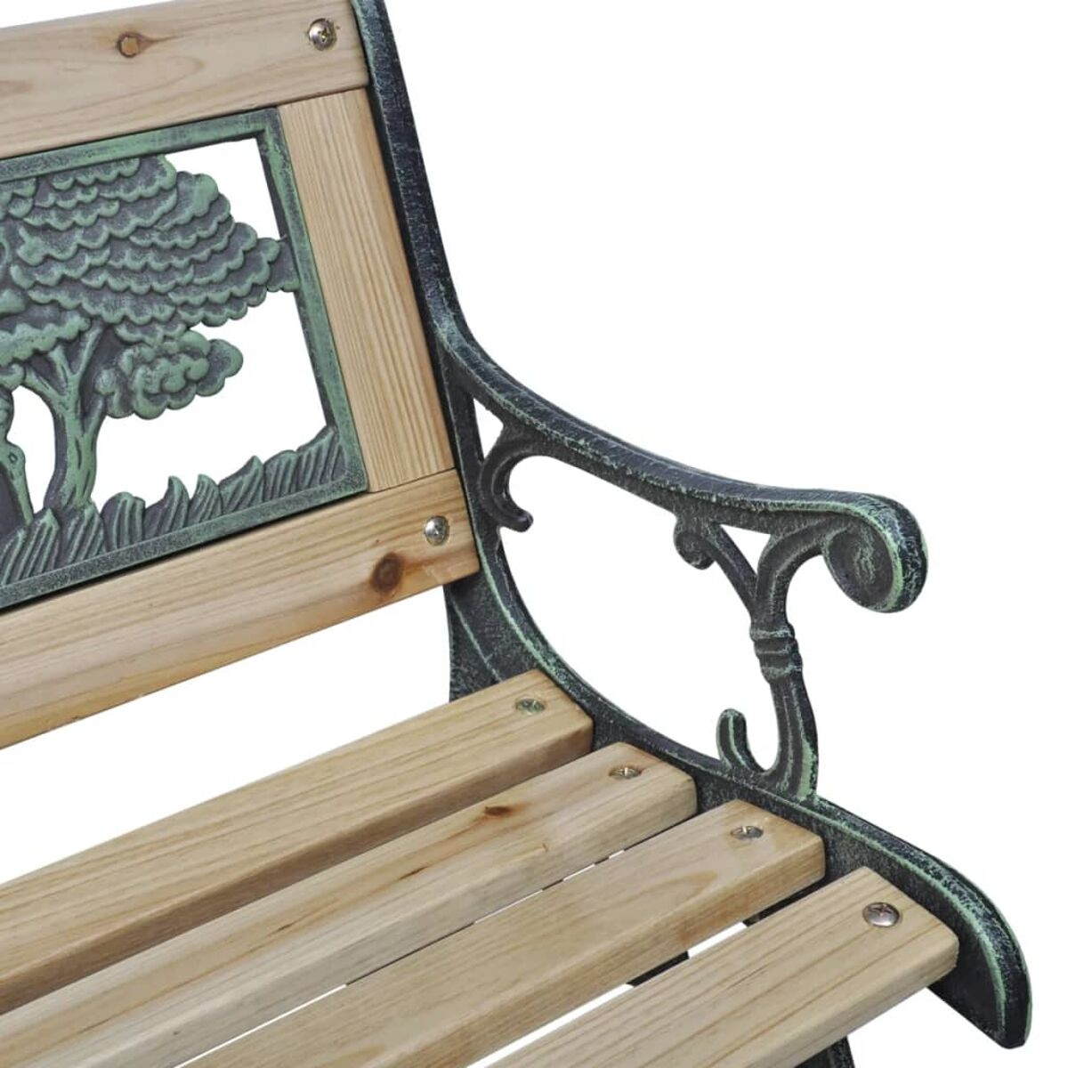 Holzbank mit grün lackiertem Metallrahmen. Mit geschnitztem Baumdesign.