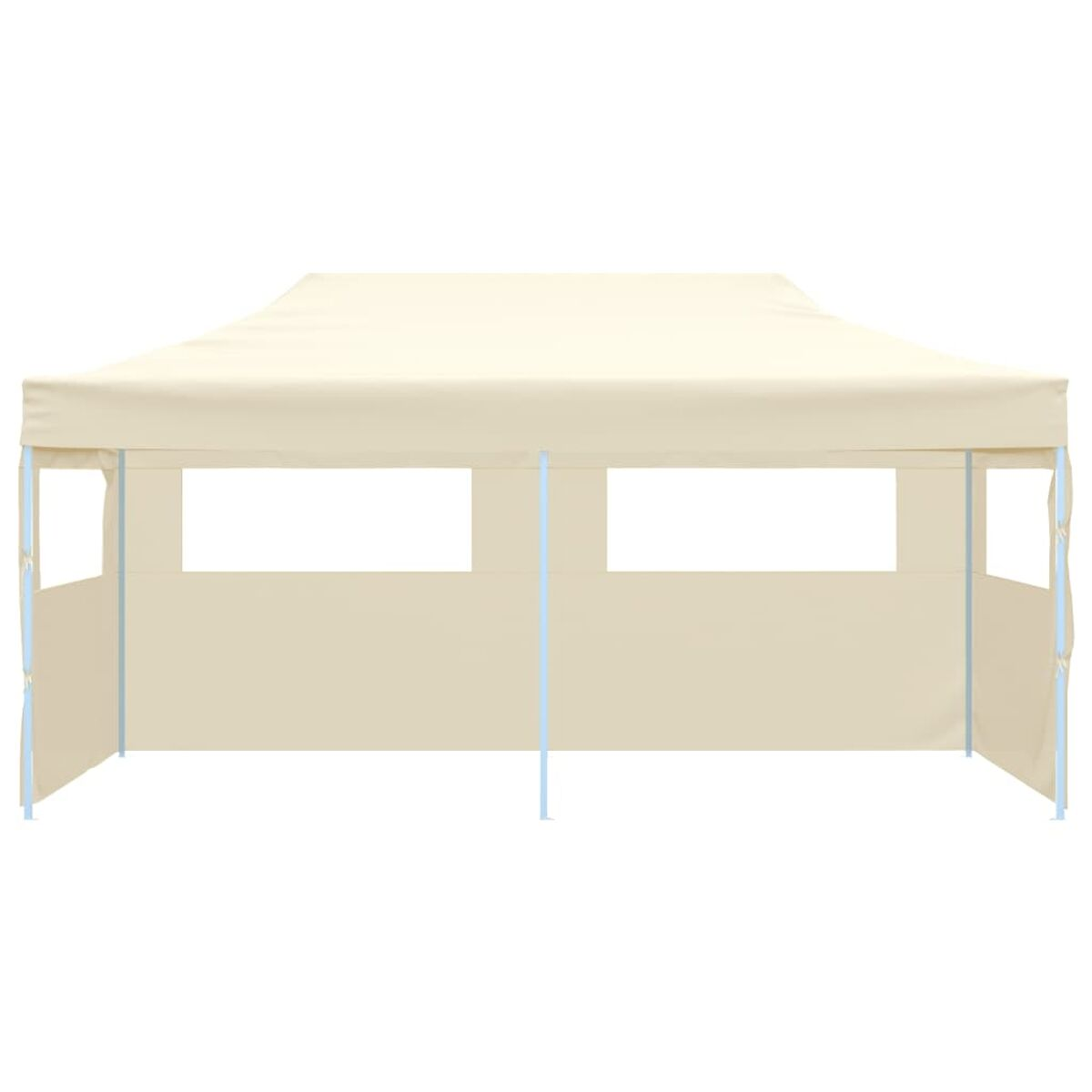 Beige Pop-up-Zelt. Zwei Fenster, offene Front. Weiße Stangen, beiger Stoff.