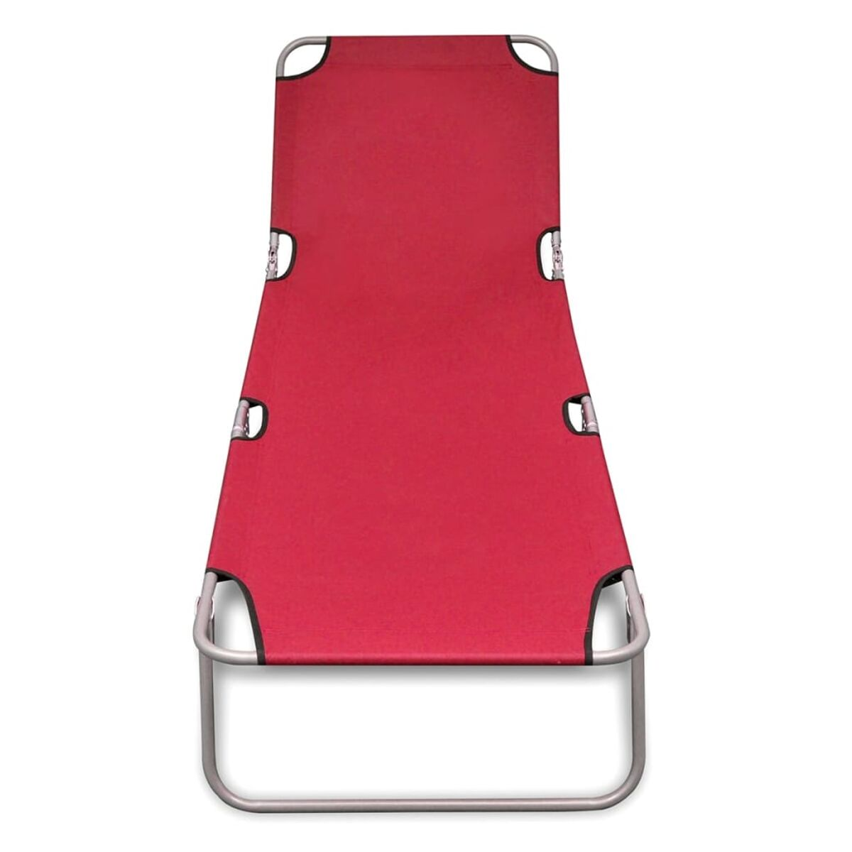 Rote Outdoor-Chaiselongue mit Metallrahmen und Kopfstütze. Der Stuhl ist leer.
