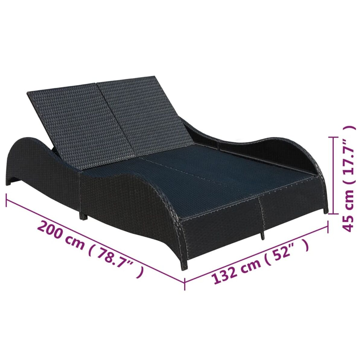 Eine schwarze Doppel-Sonnenliege aus Korbgeflecht mit Maßen. Sie hat eine verstellbare Kopfstütze.