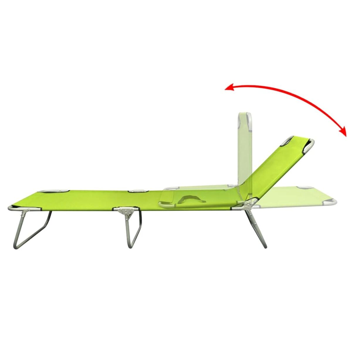 Grünes, zusammenklappbares Sonnenbett mit einem roten Pfeil, der die Faltaktion zeigt.