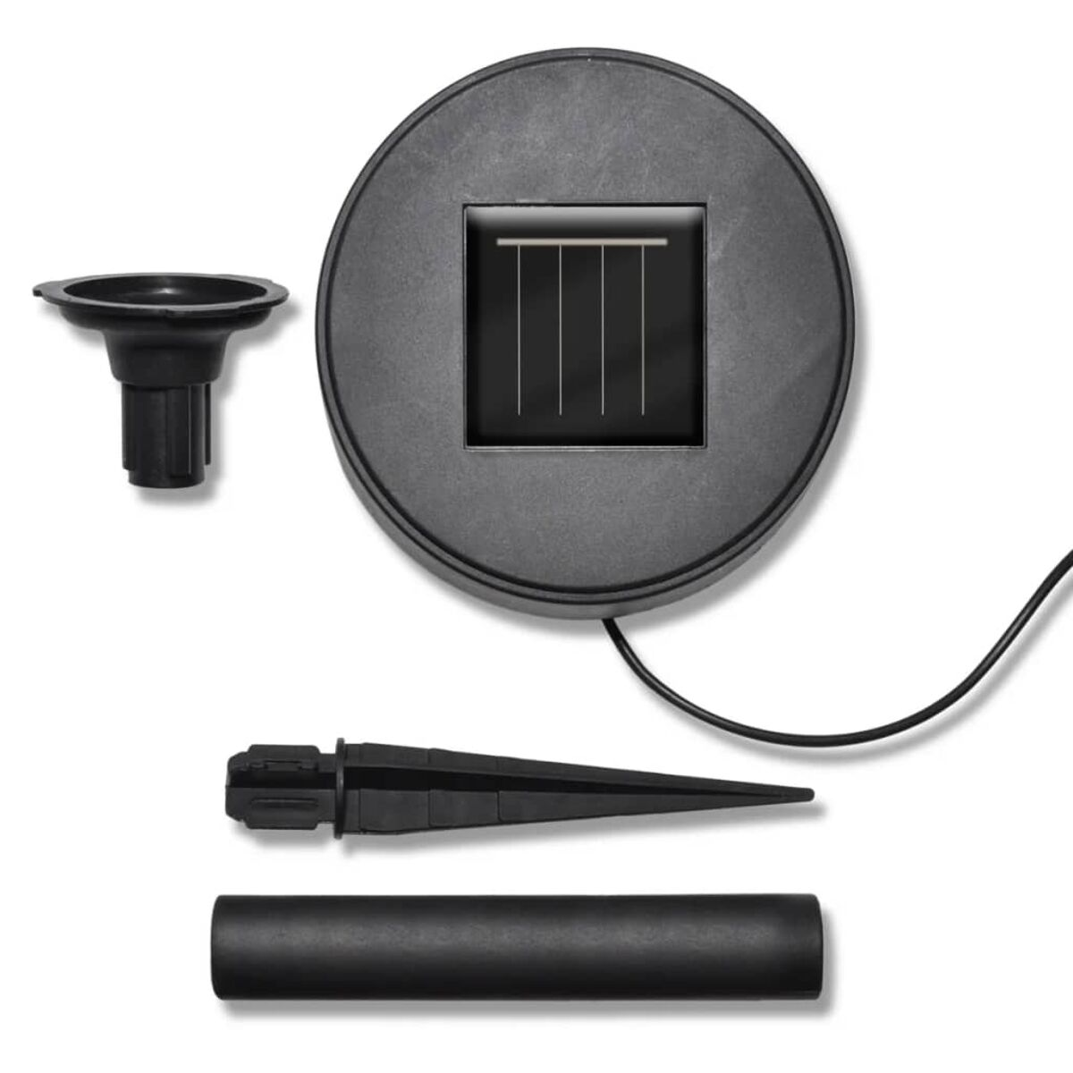 Komponenten eines Solargartenlichts: ein Solarpanel, ein Spike, ein Stiel und eine schwarze Kunststoffbasis.