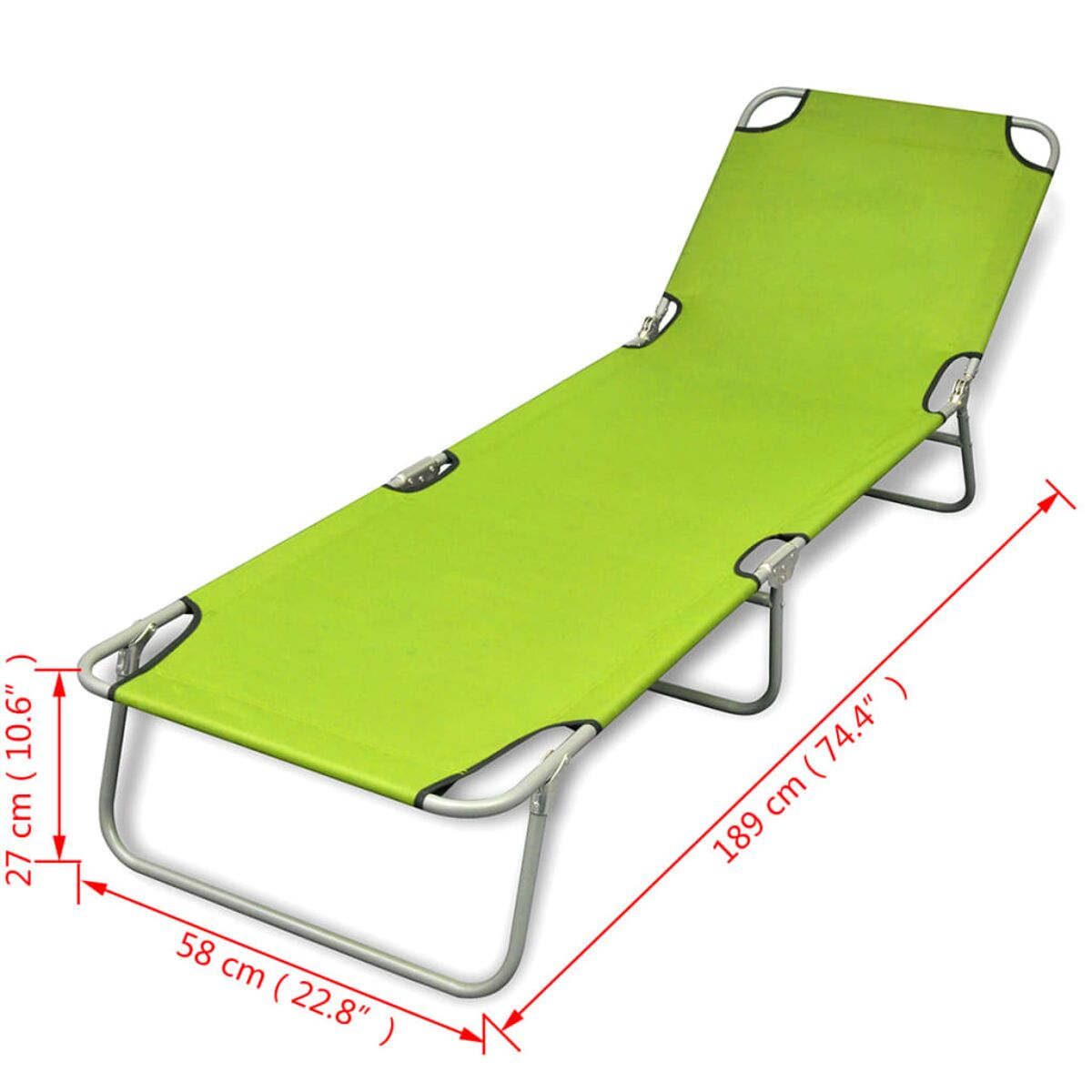 Grüner Liegestuhl mit silbernem Rahmen. Abmessungen sind: 189cm x 58cm x 27cm.
