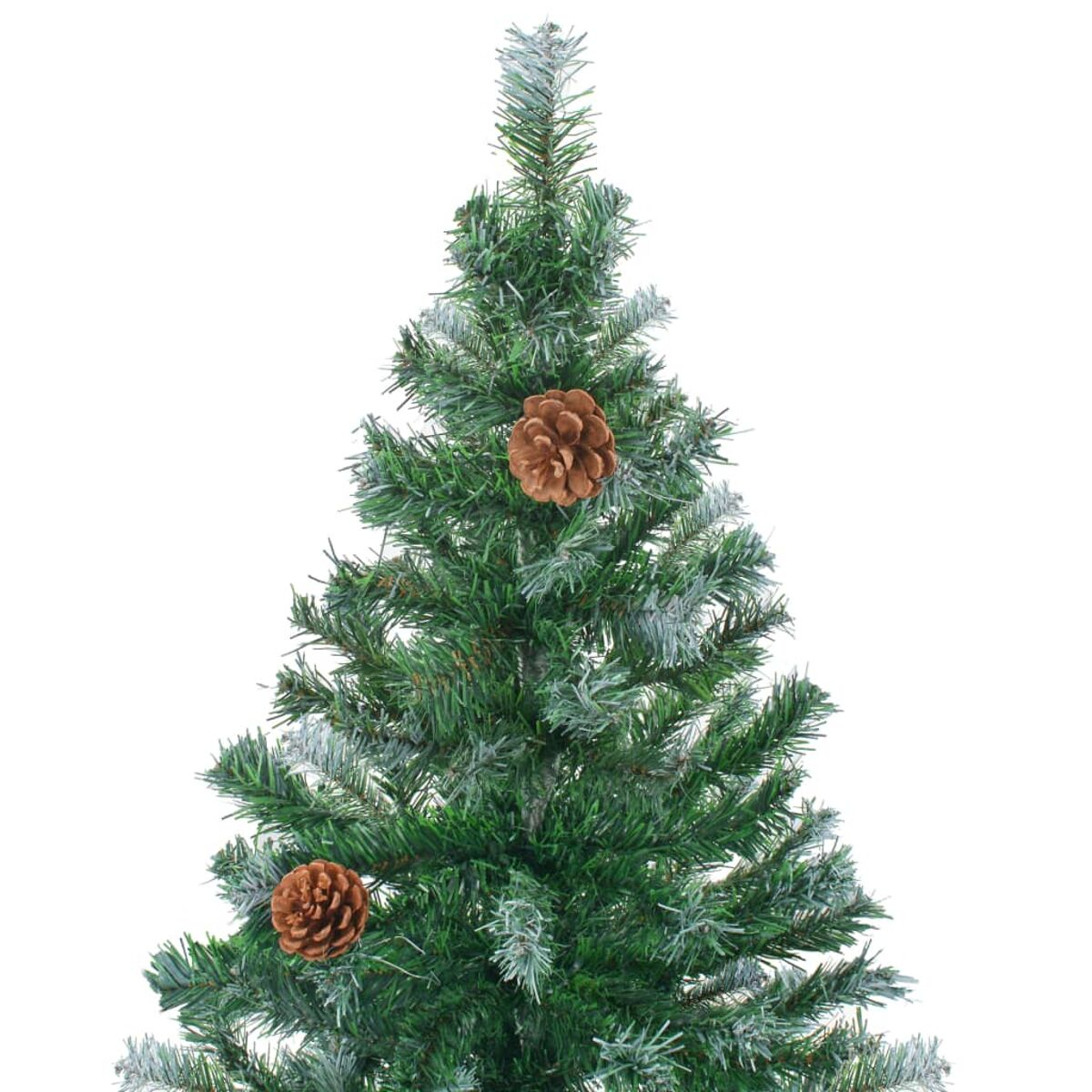 Oberteil eines Weihnachtsbaums mit zwei Tannenzapfen. Die Nadeln sind grün mit gefrosteten weißen Spitzen.