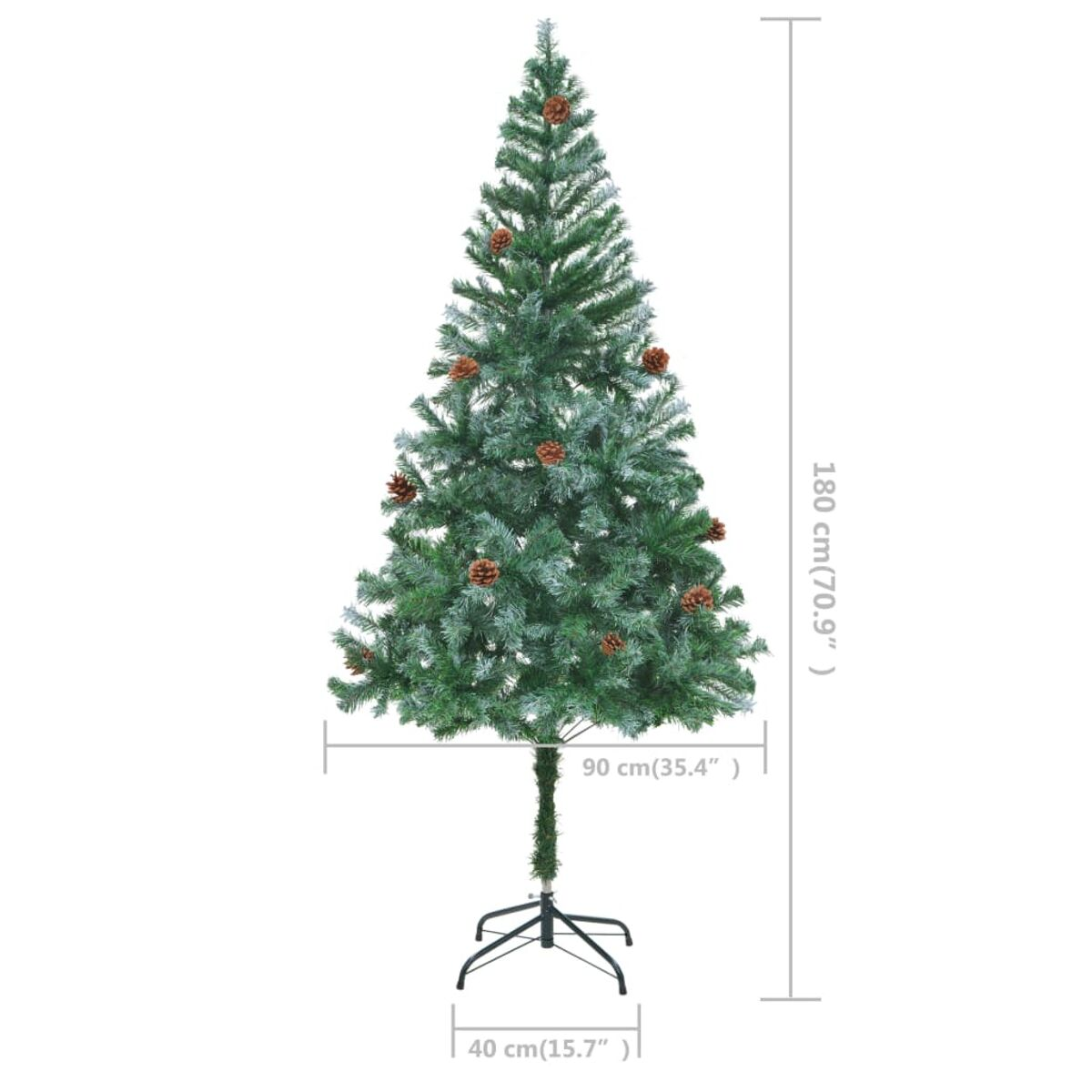 Künstlicher Weihnachtsbaum mit Tannenzapfen. Grün, vor weißem Hintergrund, mit Maßen.