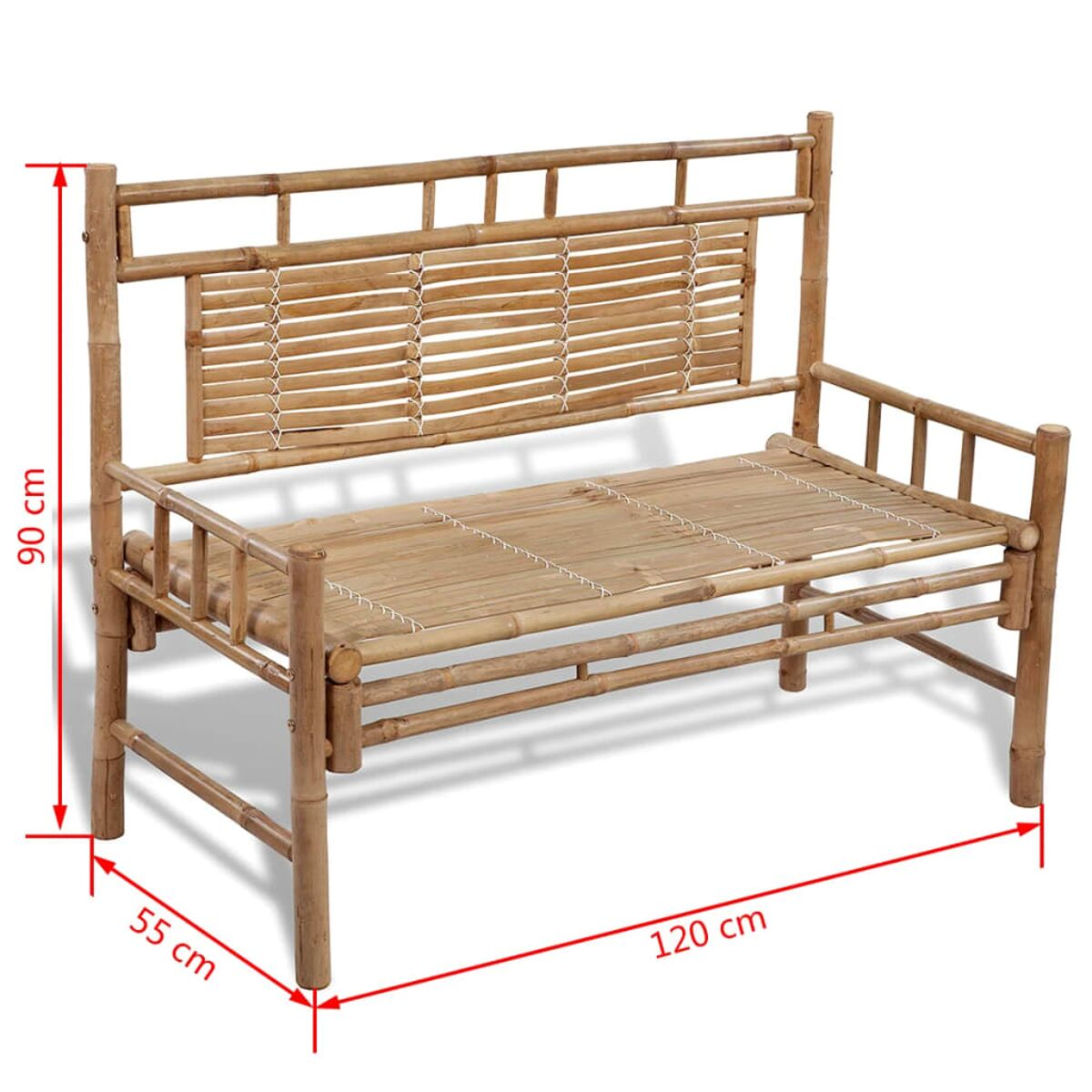 Eine Bambusbank mit Rückenlehne und Abmessungen. Hergestellt aus Natur-Bambus, mit hellem Holzfinish.