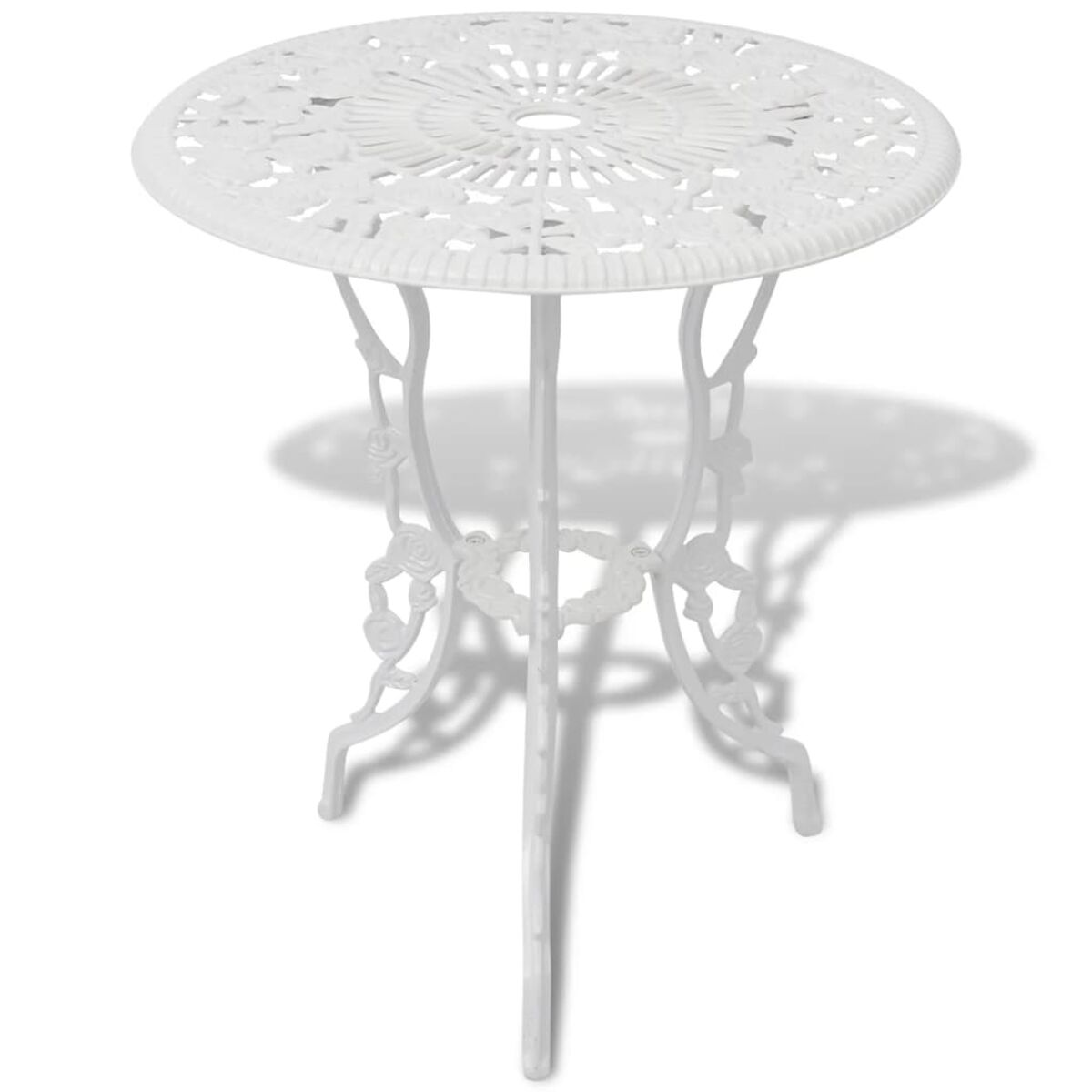 Weißer, runder Gartentisch mit floralem Design. Er hat drei Beine.