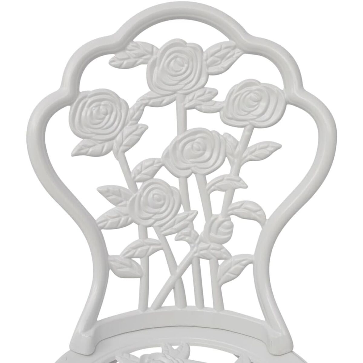 Weißer Stuhlrücken mit Rosendesign. Rosen sind in einem dekorativen Muster.