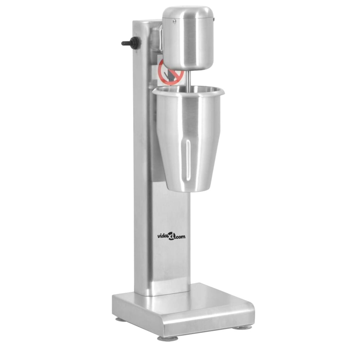 Ein Milchshake-Mixer aus Edelstahl mit Becher und Motor.