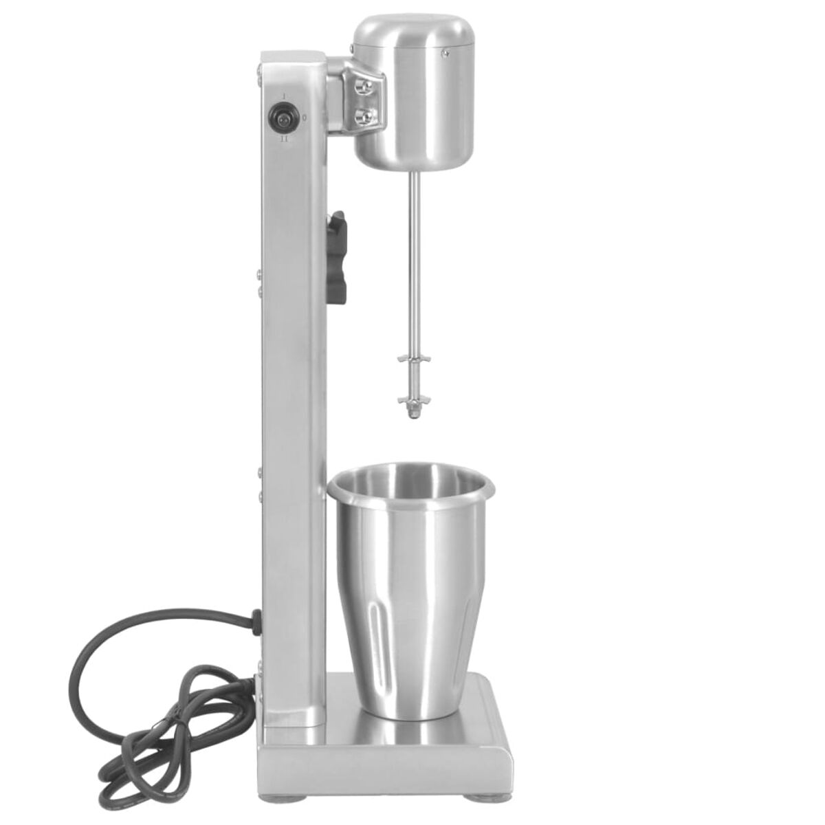 Ein Milchshake-Maker in Silber, mit einem Edelstahlbecher und Mischspindel.