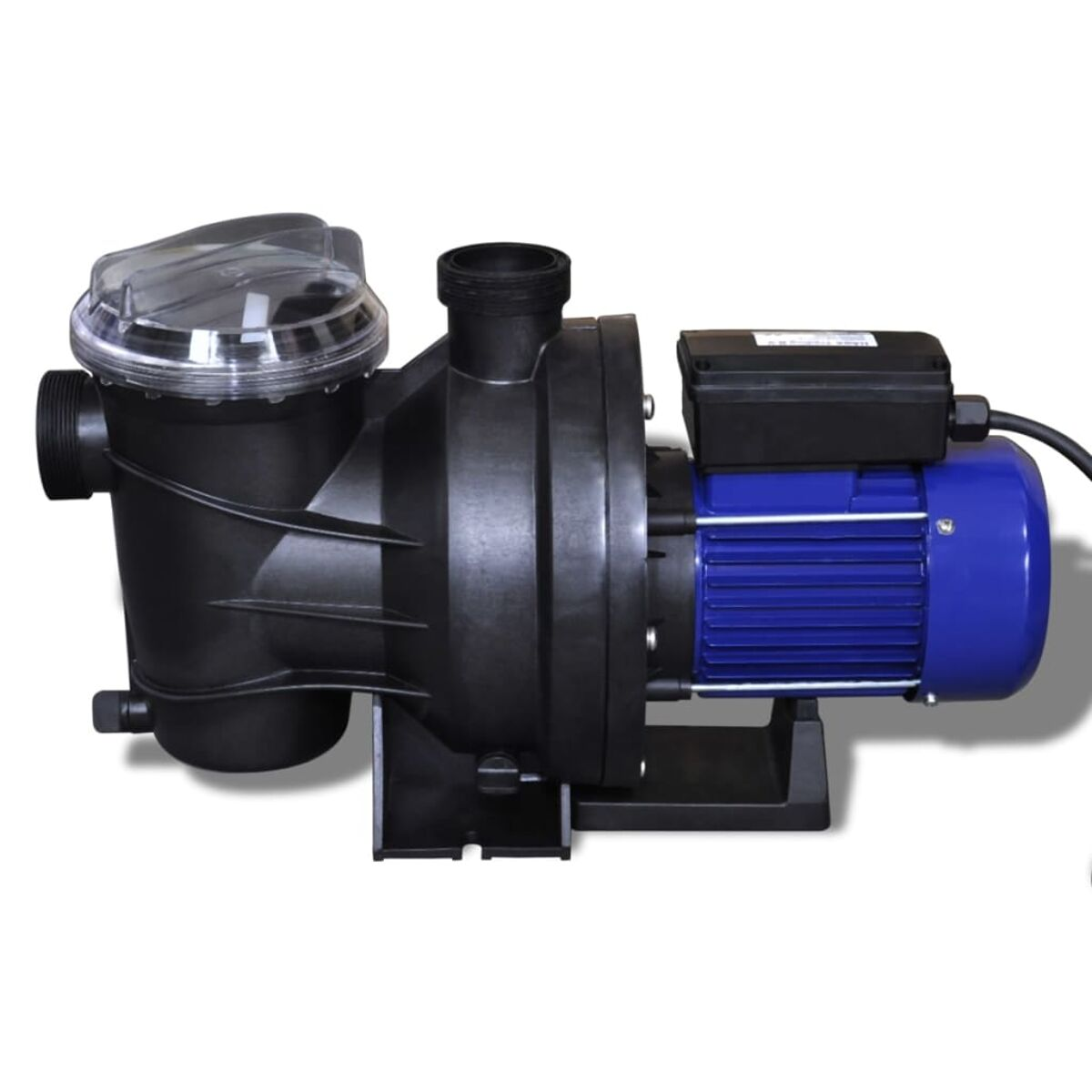 Poolpumpe mit blauem Motor und transparentem Deckel, auf weißem Hintergrund.