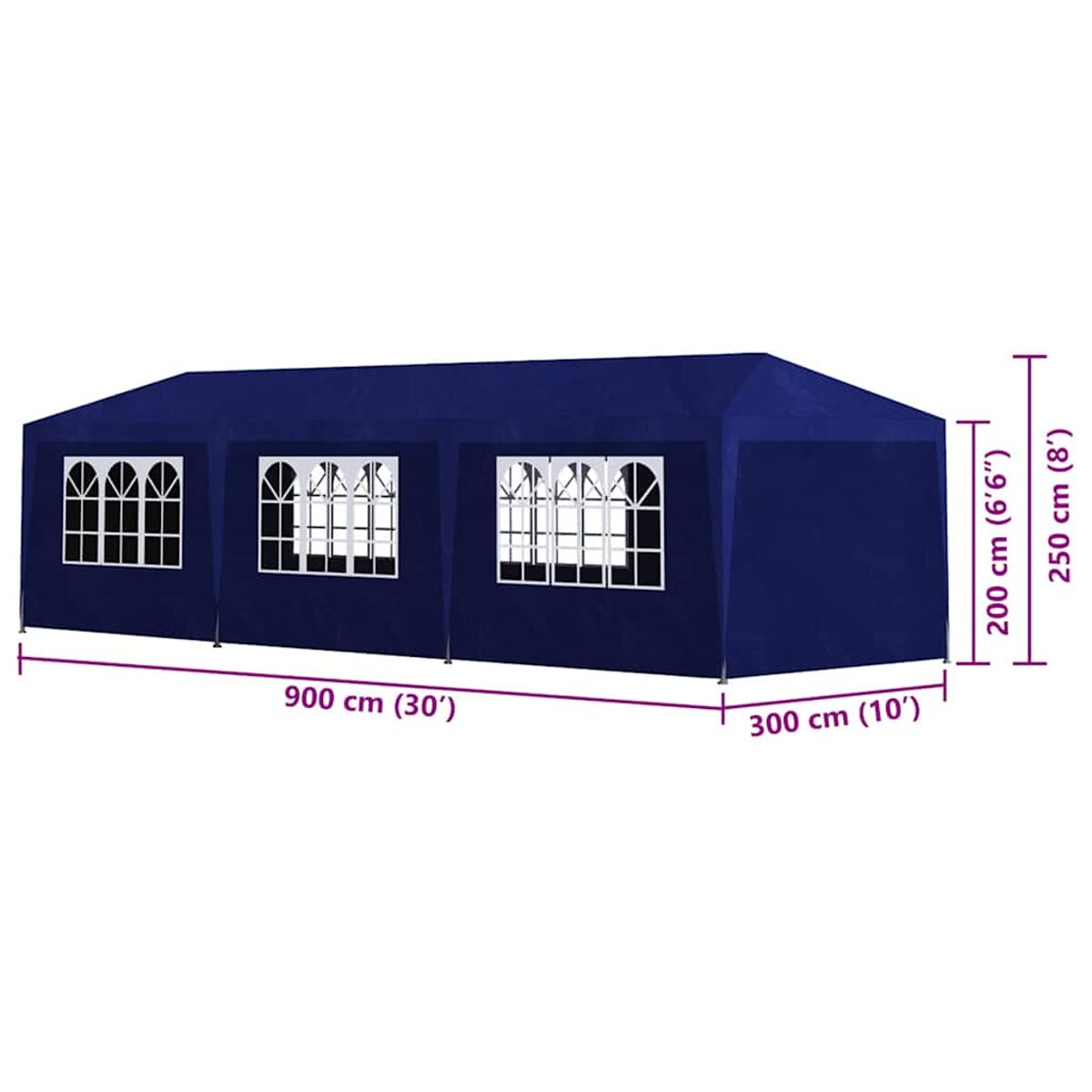 Blaues rechteckiges Zelt mit Fenstern. Abmessungen: 900x300x250 cm. Weißer Rahmen.