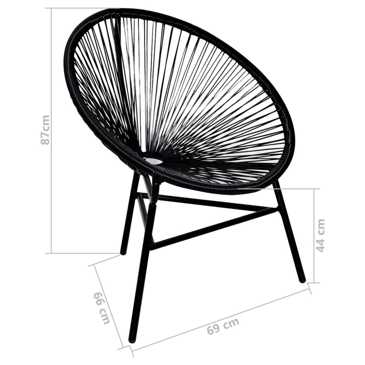 Ein schwarzer runder Stuhl mit gewebtem Design, Abmessungen: 87 cm Höhe, 66 cm Breite, 69 cm Tiefe.