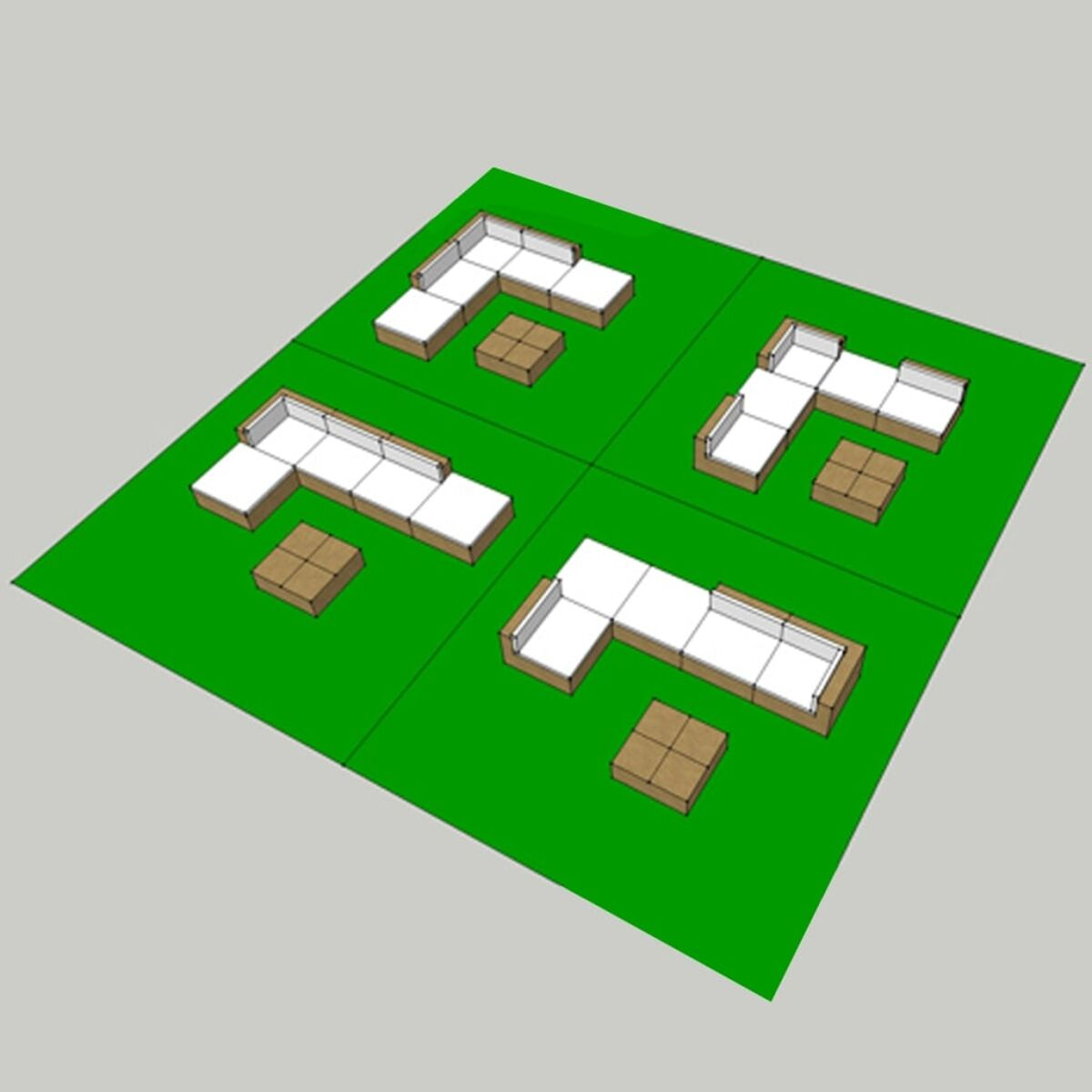 Vier Sets aus Outdoor-Ecksofas und Tischen sind auf einer grünen Oberfläche angeordnet, dargestellt in einem 3D-Rendering.