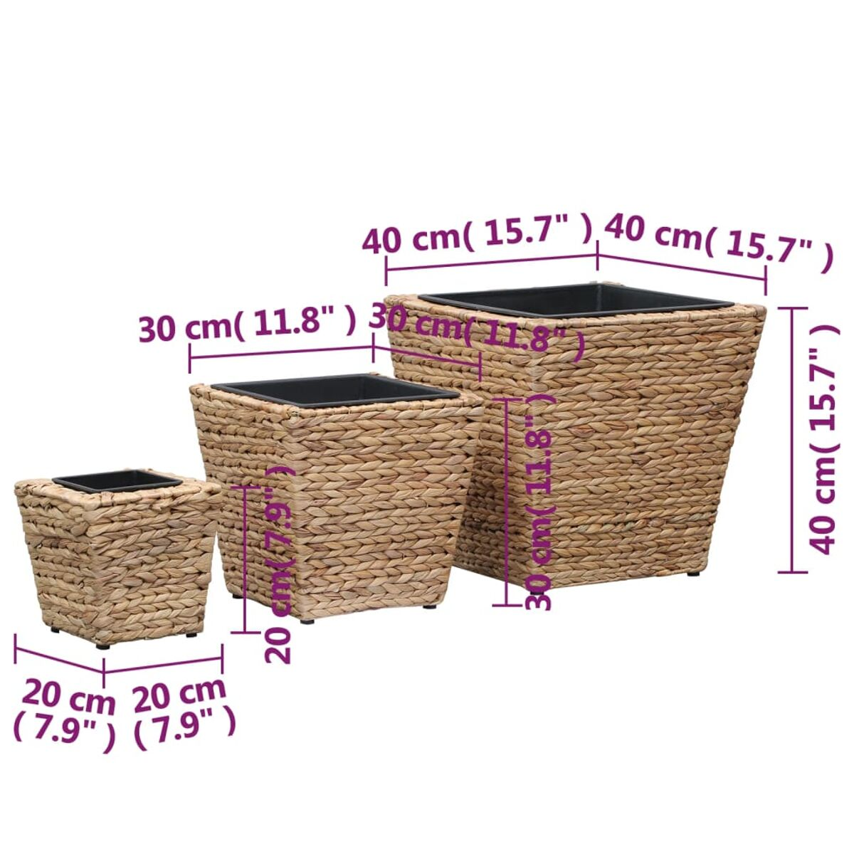 Drei Pflanzgefäße aus Wasserhyazinthe. Maße sind angegeben, 20-40 cm hoch.