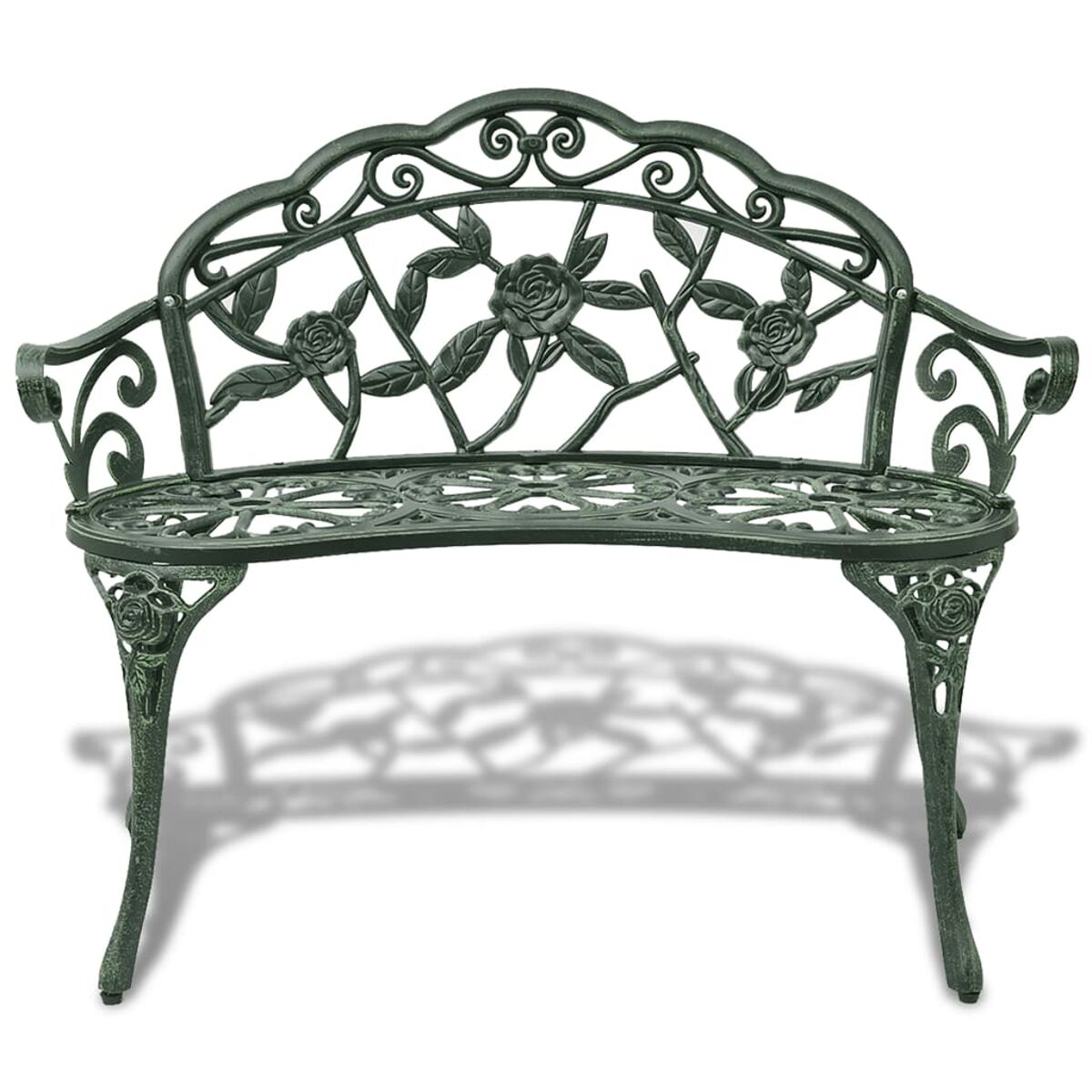Grüne Metallgartenbank mit Rosendesign, Schatten sichtbar.