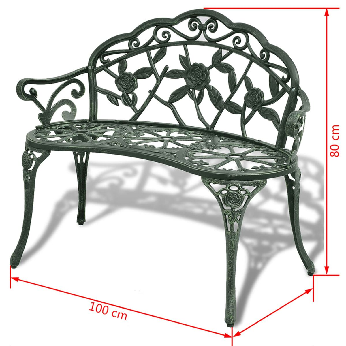 Eine grüne Metall-Gartenbank mit floralen Details. Sie ist 100 cm breit und 80 cm hoch. Weißer Hintergrund.