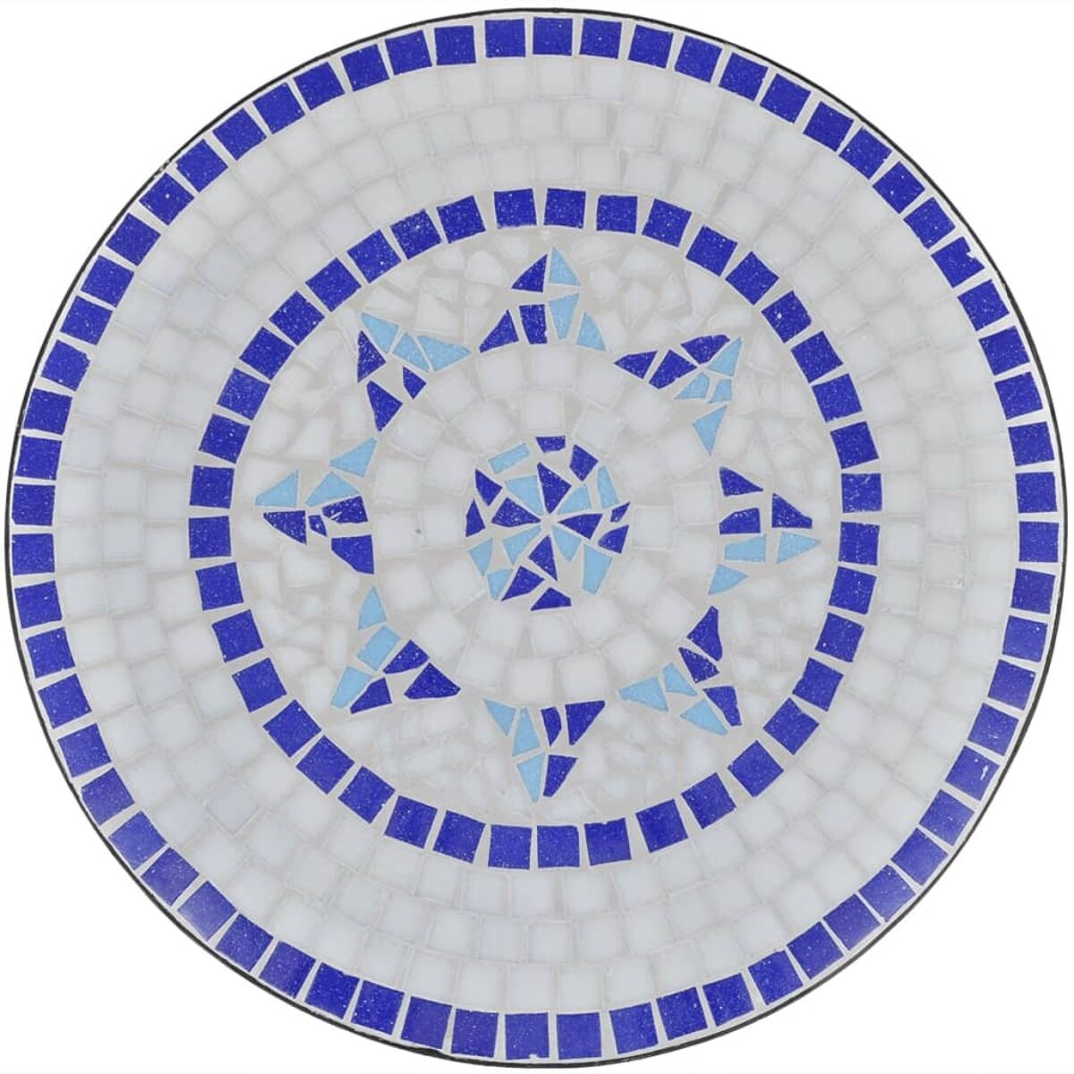Ein runder Mosaiktisch mit weißem Hintergrund und blauem Sterndesign.