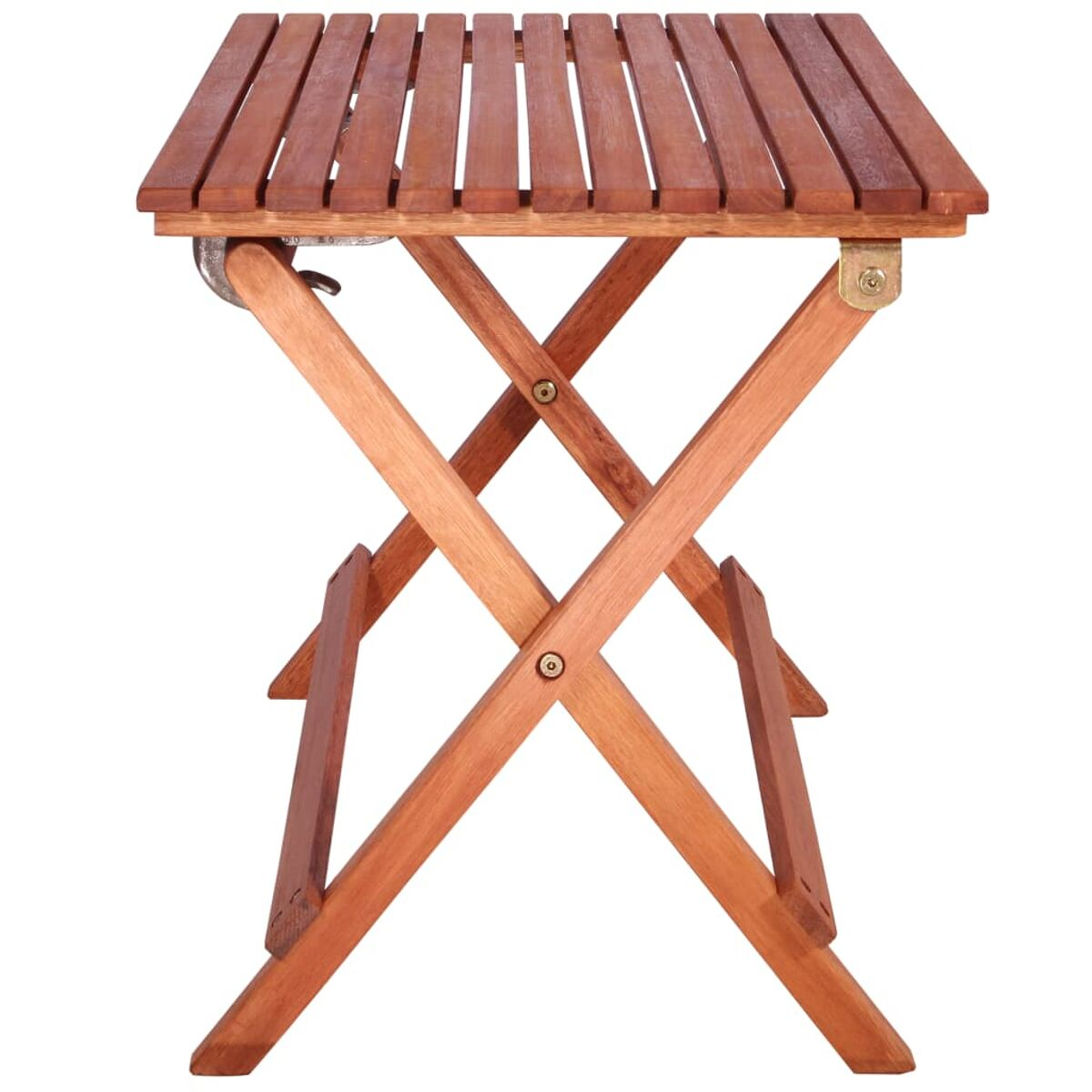 Klapptisch aus Holz. Der Tisch hat eine Lattenoberfläche und gekreuzte Beine.