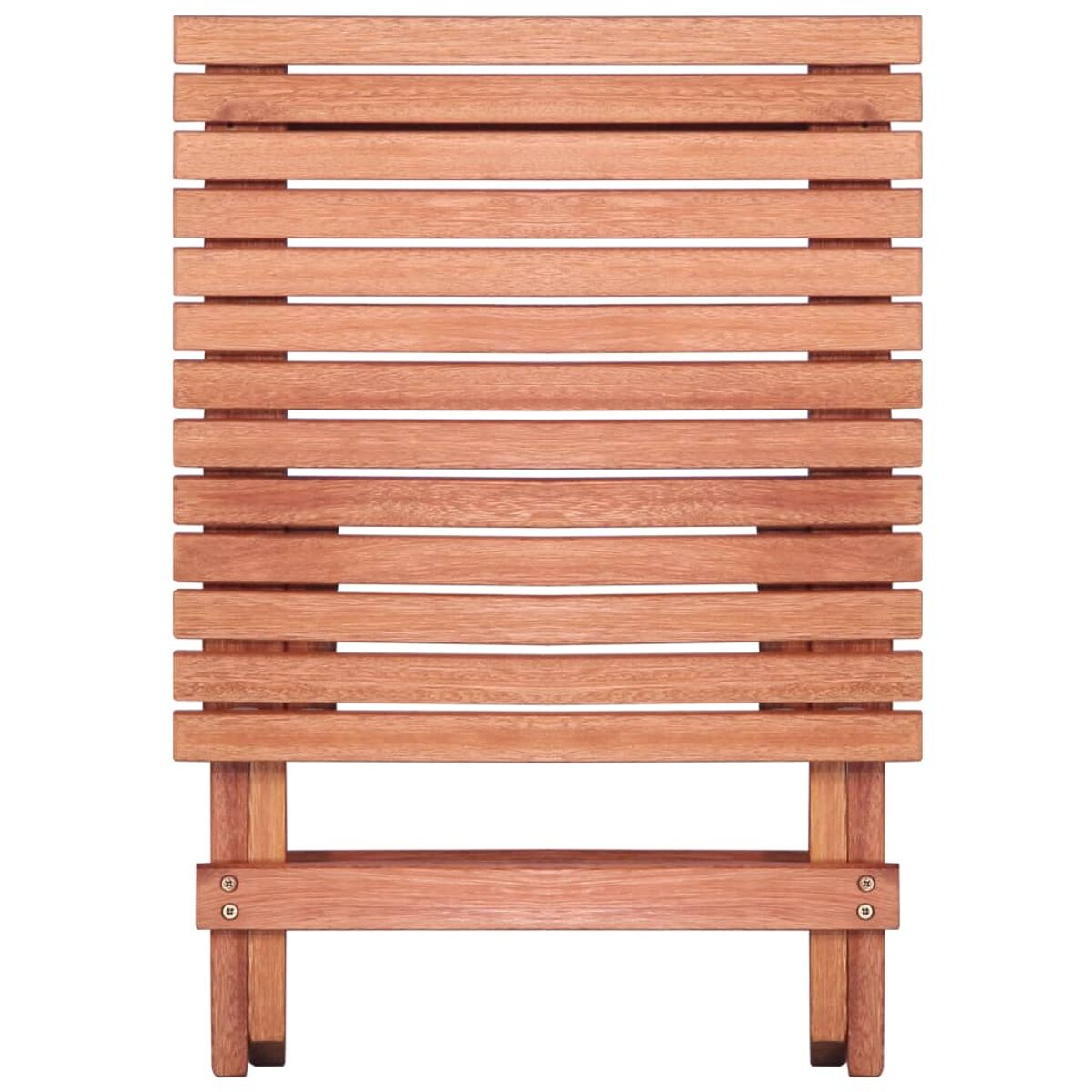 Ein hölzerner Klappstuhl aus horizontalen Holzlatten, von vorne gesehen.