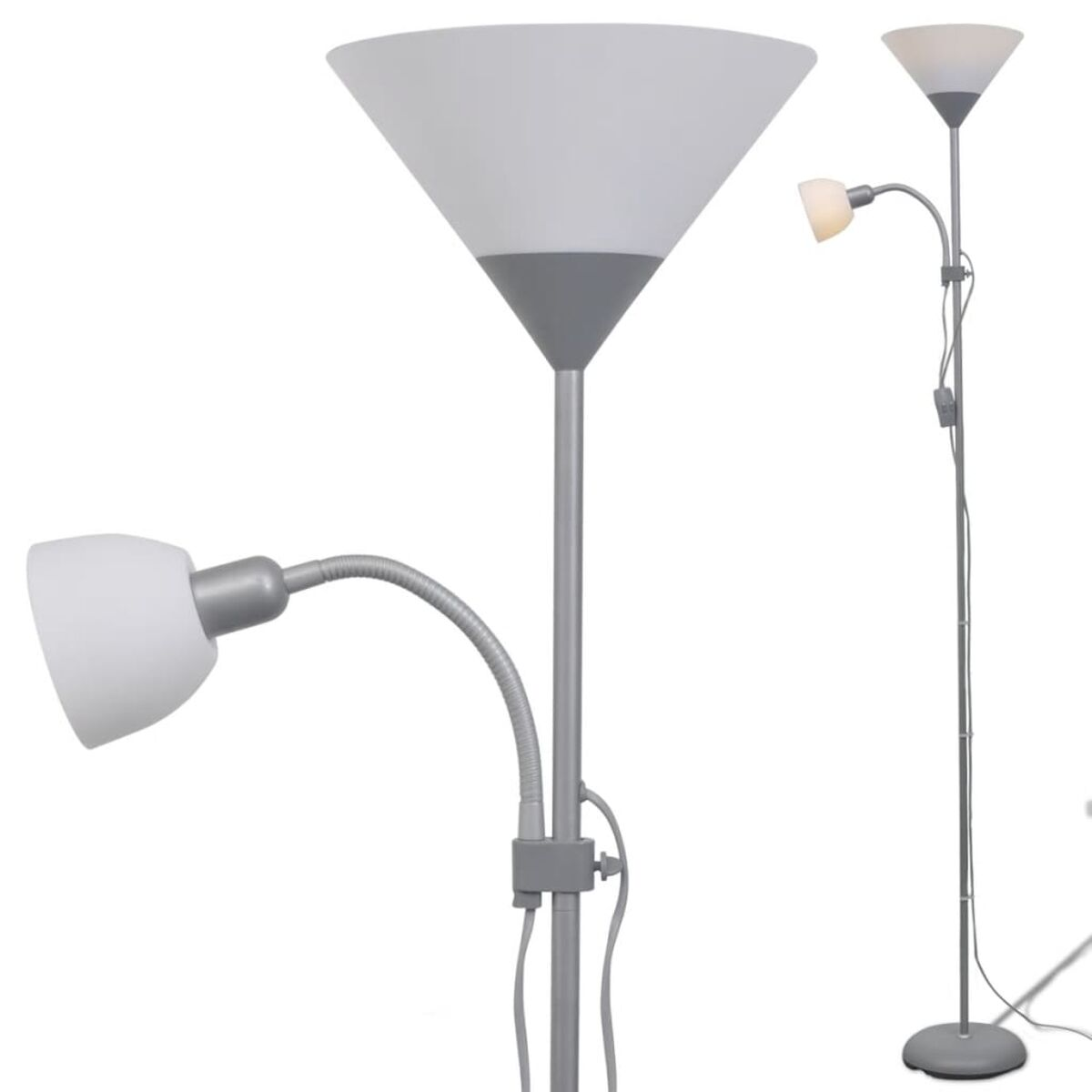 Eine Stehlampe mit konischem Aufsatz und flexibler Leselampe.
