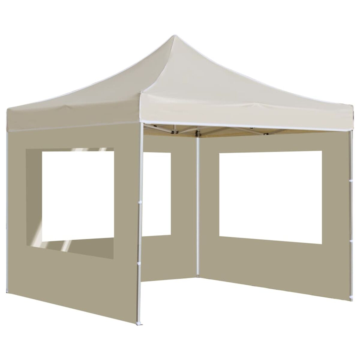 Beiges Pop-up-Zelt. Es hat ein Spitzdach, eine offene Front und zwei Seitenfenster. Weißer Rahmen und schlichter Hintergrund.